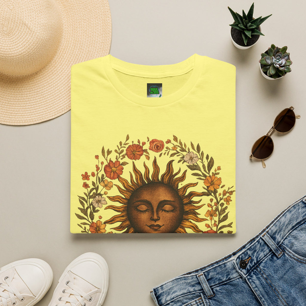 Sunflower Sun T-Shirt — Vintage Boho Sun Face Floral Tee