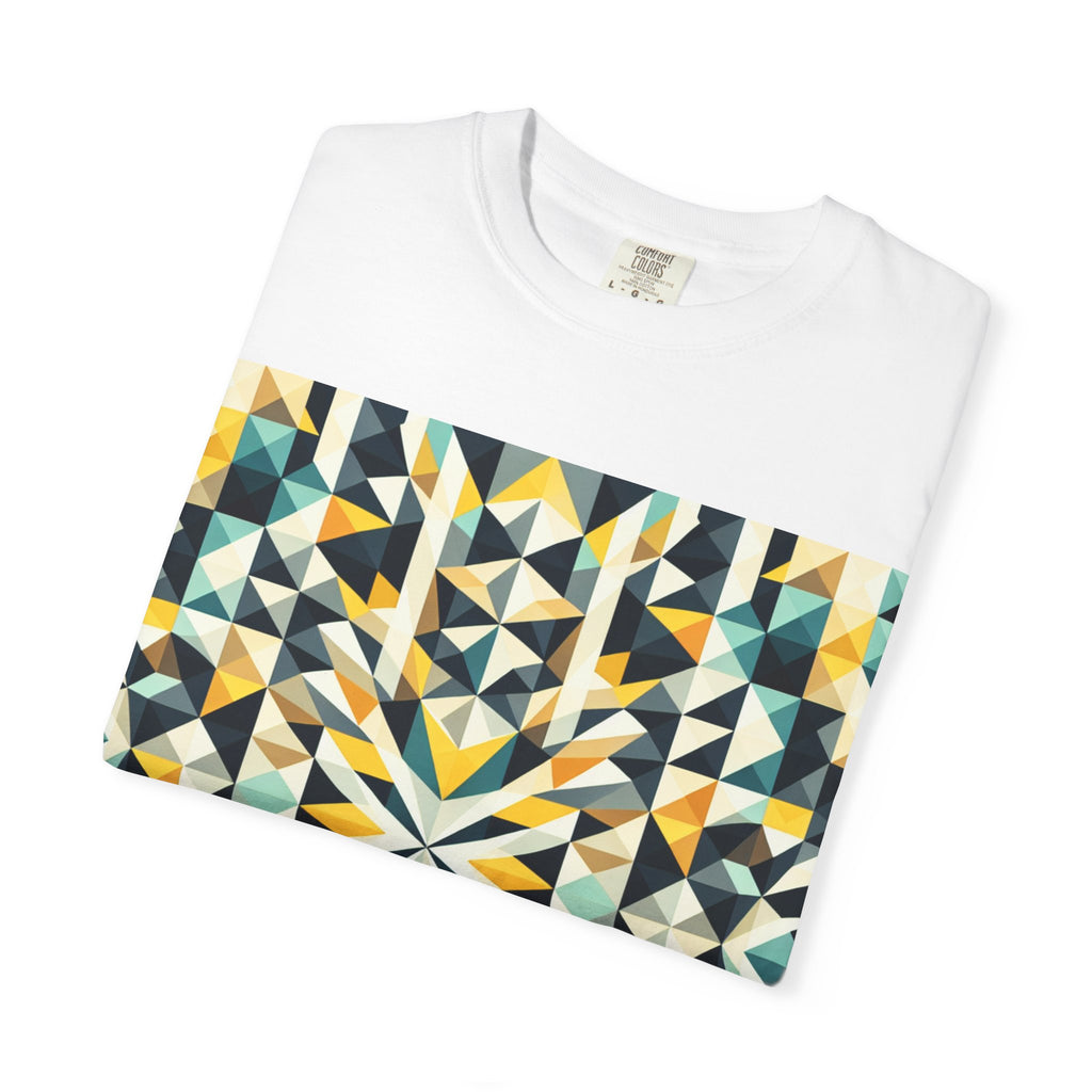 Geometric Mosaic Tee — Yellow, Teal & Black Patterned Graphic T-Shirt