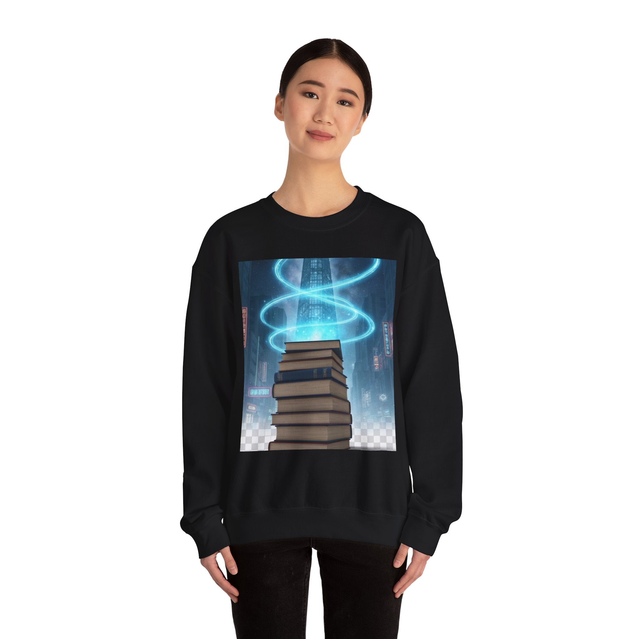 Bookstack Portal Crewneck Sweatshirt — Sci‑Fi Magic Reading Vibe