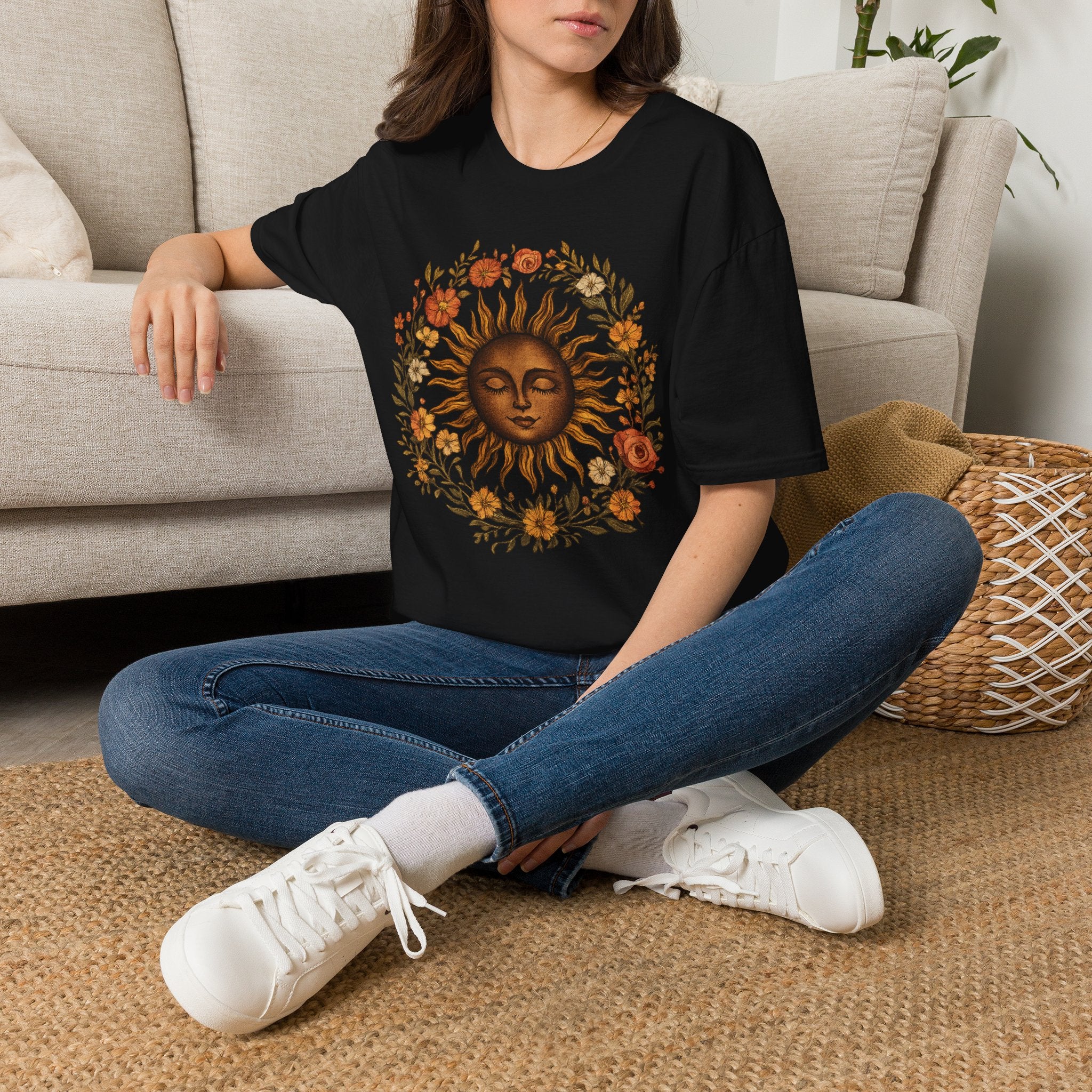 Sunflower Sun T-Shirt — Vintage Boho Sun Face Floral Tee