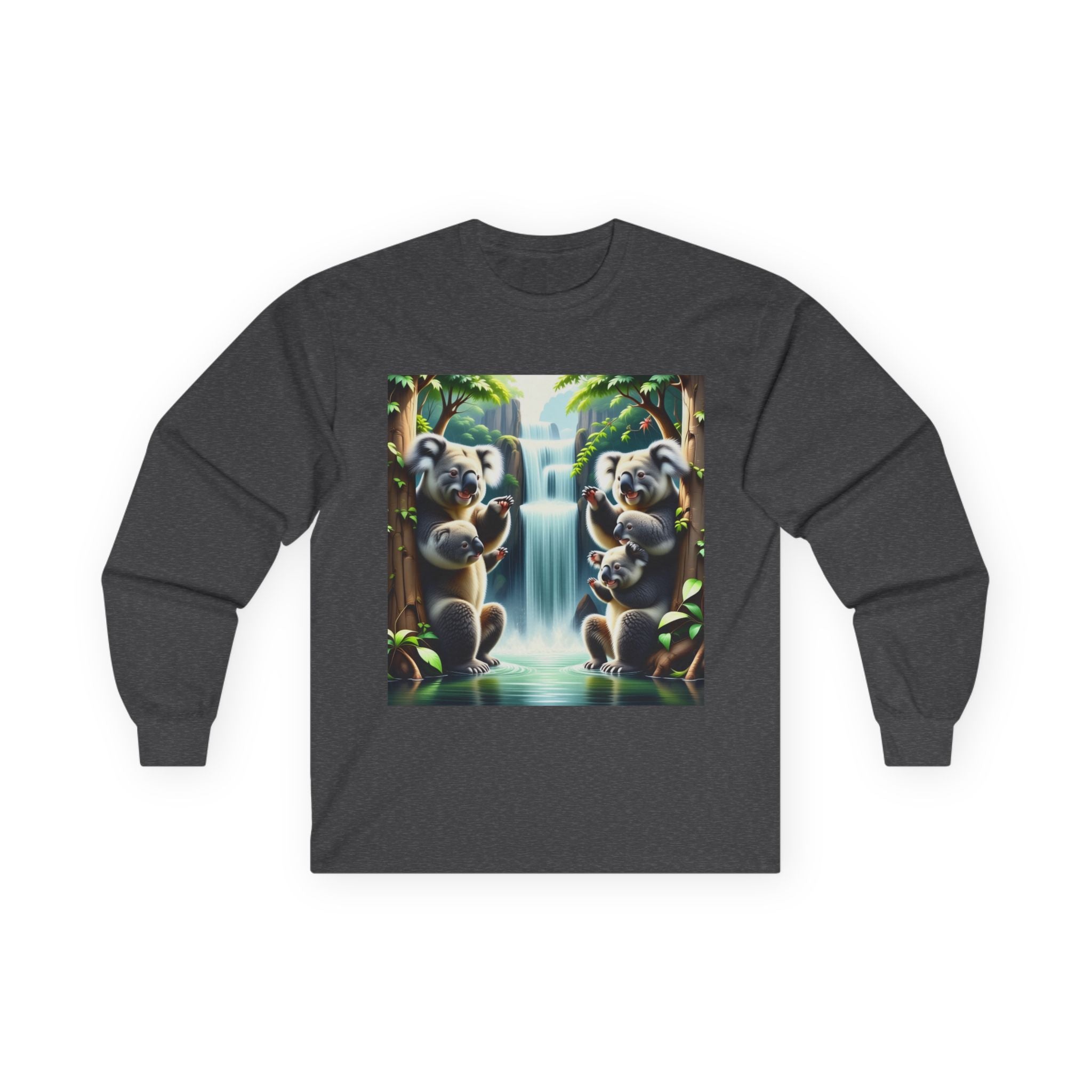 Koala Waterfall Long Sleeve Tee — Cute Tropical Wildlife Graphic Shirt