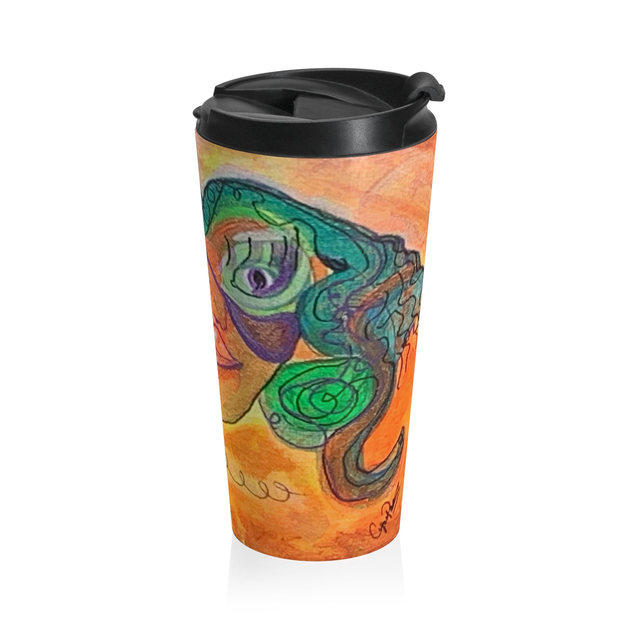 Travel Mug — Vibrant Whimsical Heart-Face Art Created by "CynAPar" Stainless Steel Tumbler