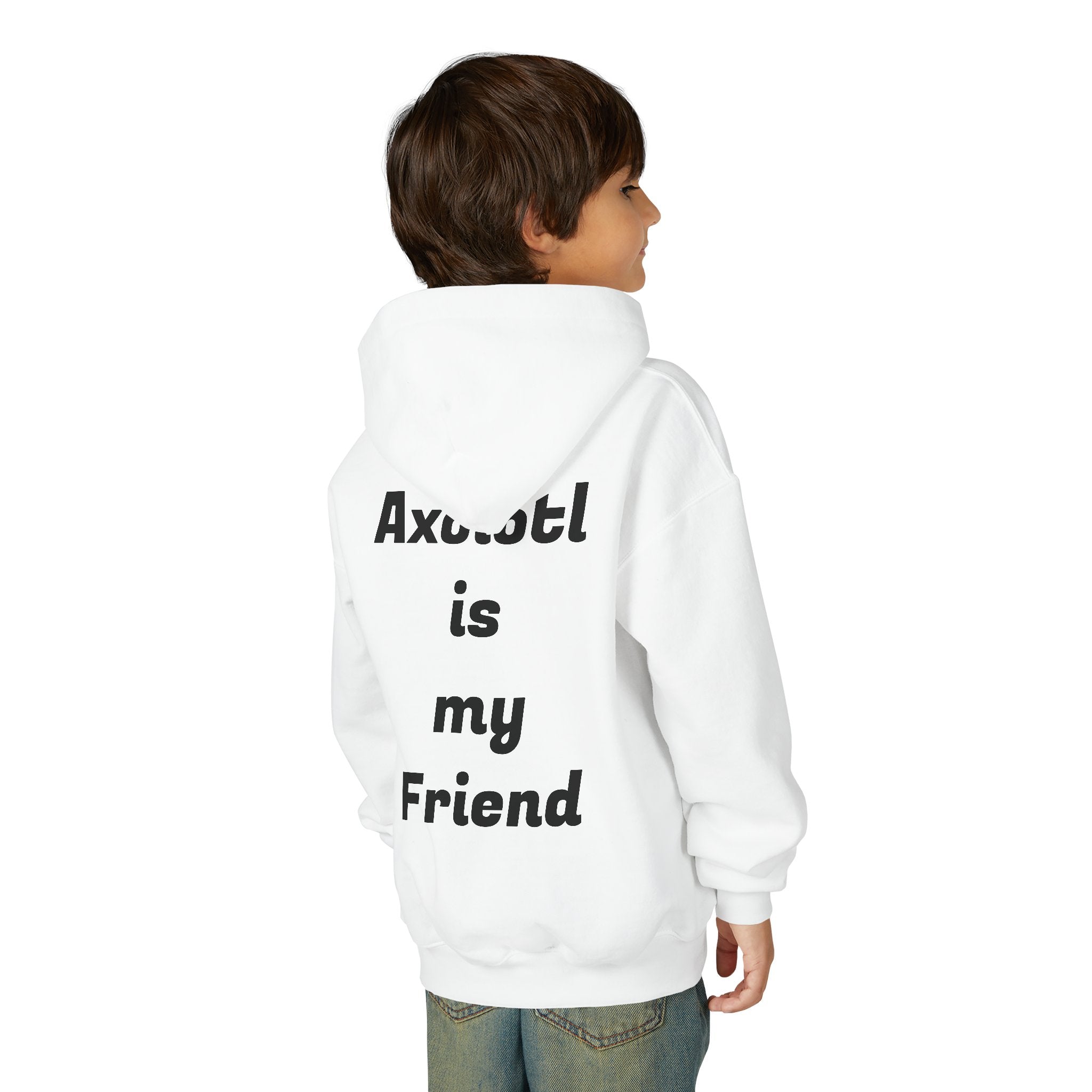 Youth Axolotl Hoodie — Cute Black Axolotl Graphic & “Axolotl is my Friend” Back Print