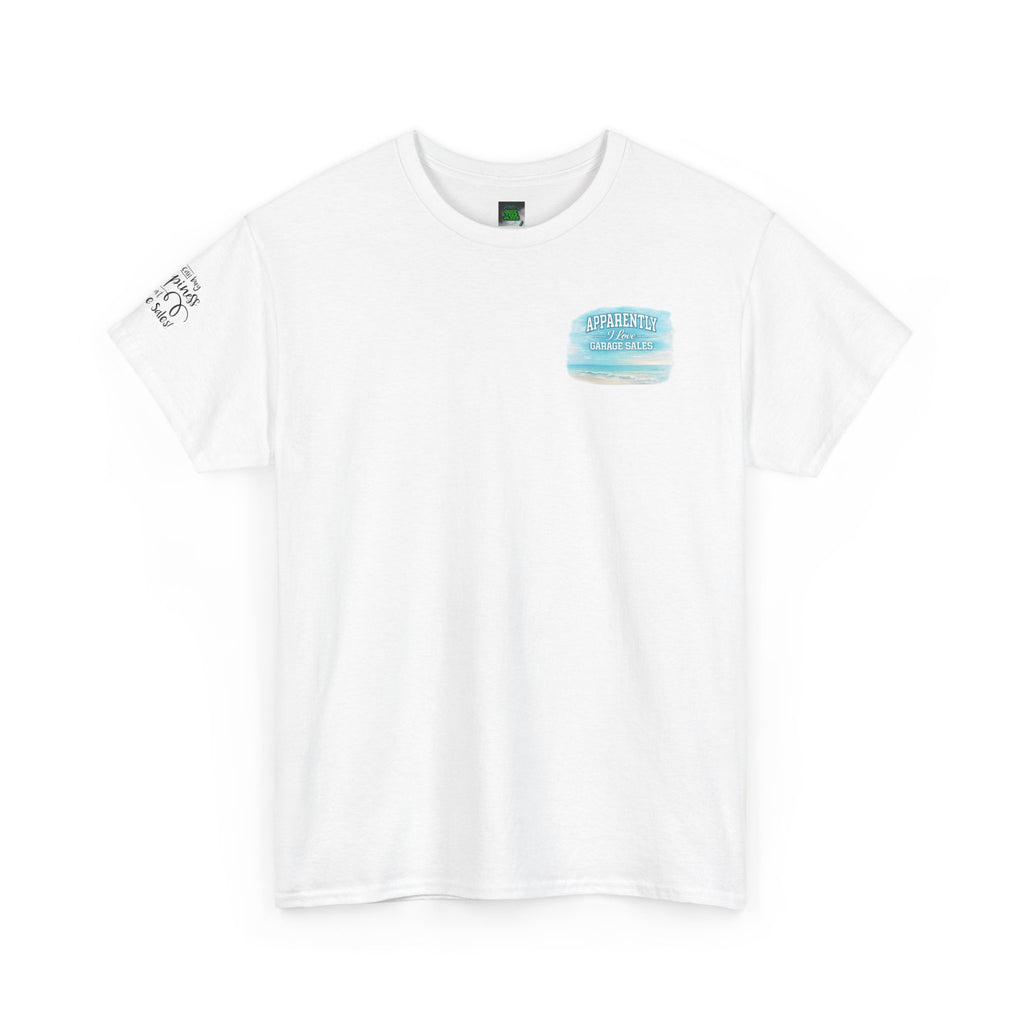 T-Shirt — "Apparently I Love Yard Sales" Minimal Ocean Watercolor Pocket w Sleeve Love