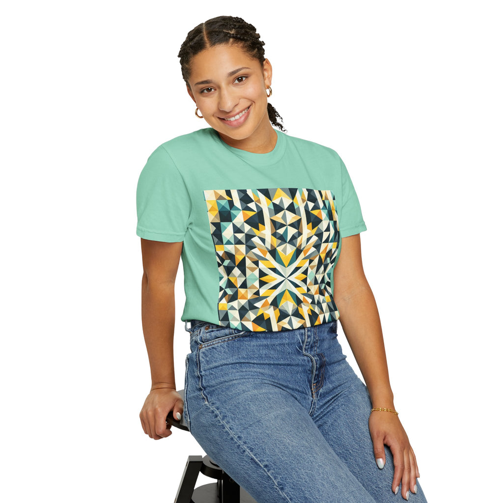 Geometric Mosaic Tee — Yellow, Teal & Black Patterned Graphic T-Shirt