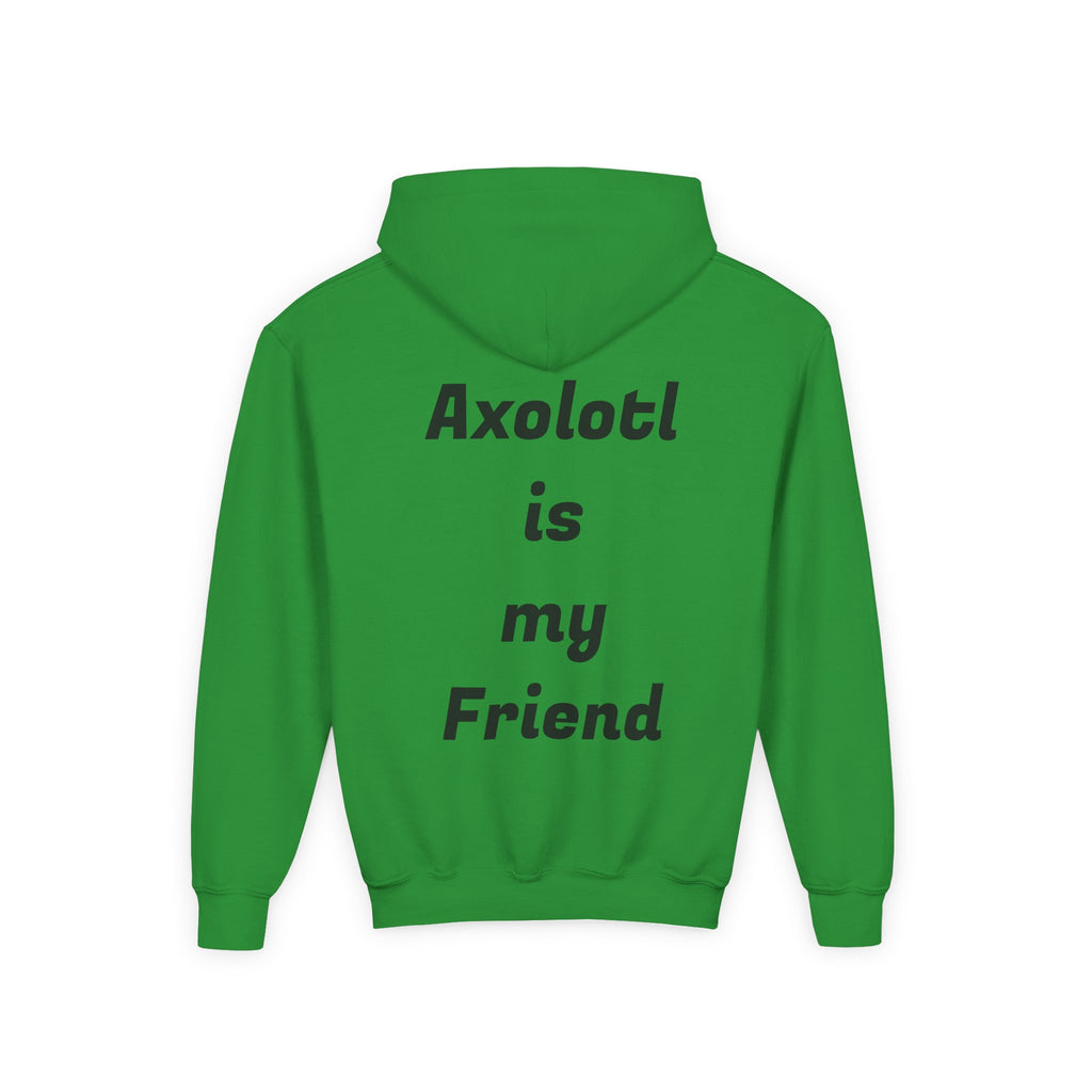 Youth Axolotl Hoodie — Cute Black Axolotl Graphic & “Axolotl is my Friend” Back Print