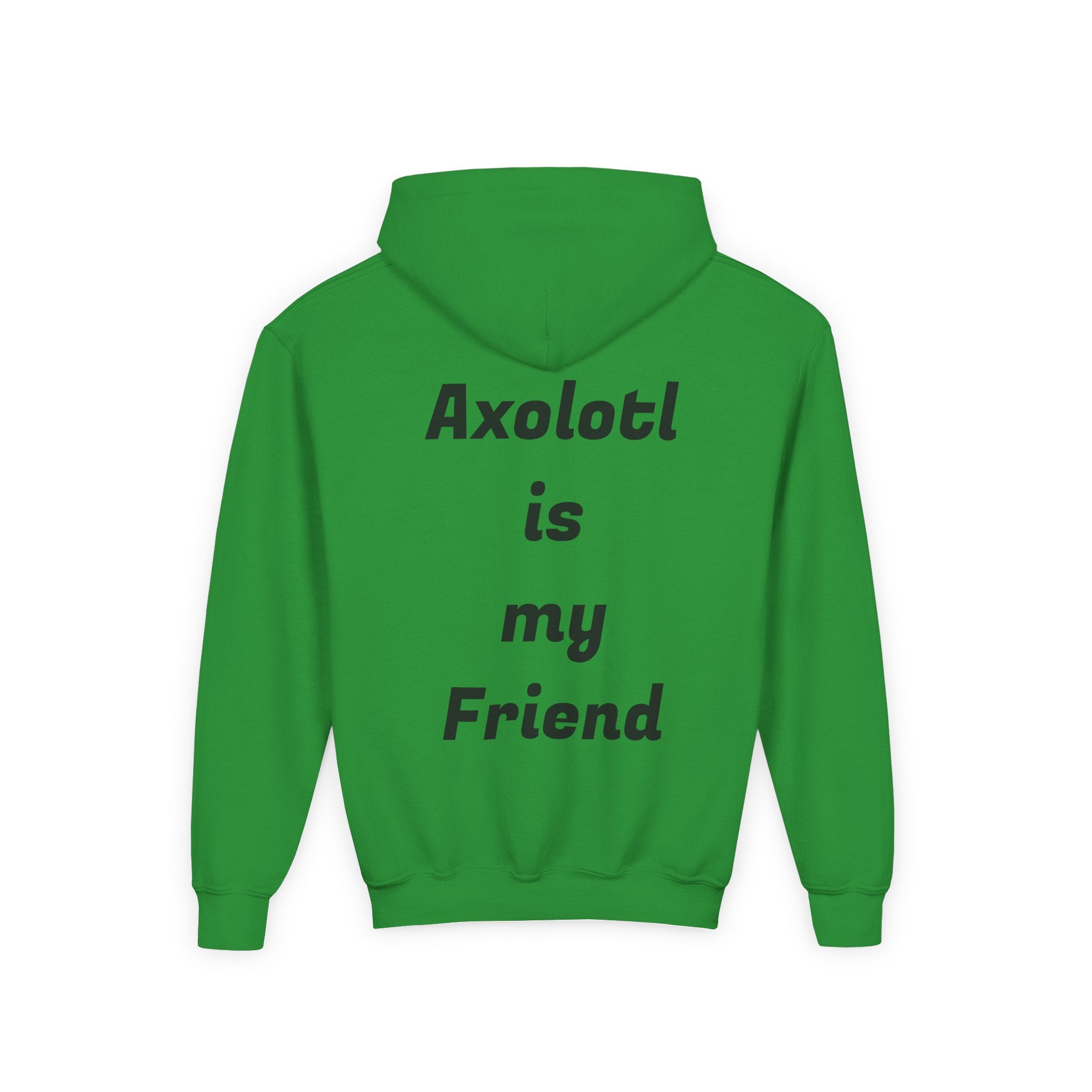 Youth Axolotl Hoodie — Cute Black Axolotl Graphic & “Axolotl is my Friend” Back Print