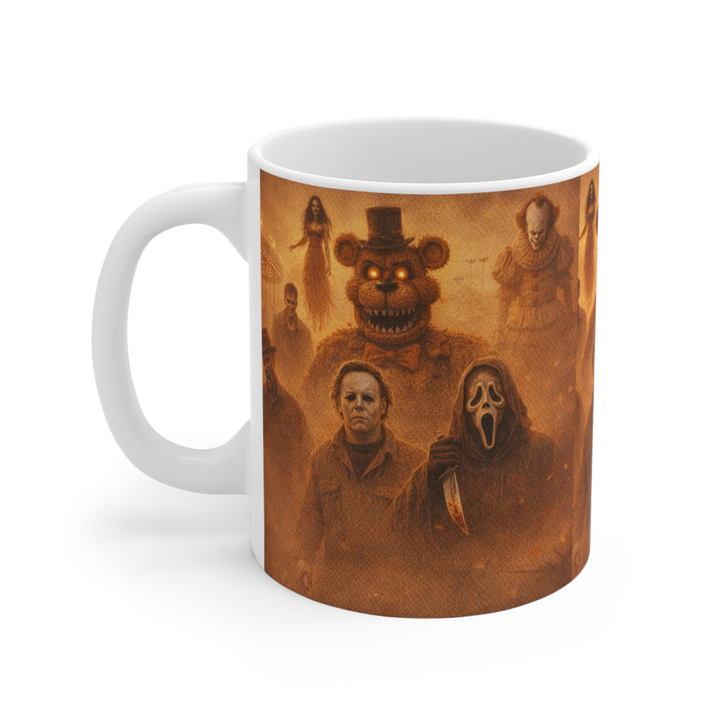 Horror Icons Collage Mug — 11oz Spooky Movie Villains Coffee Cup