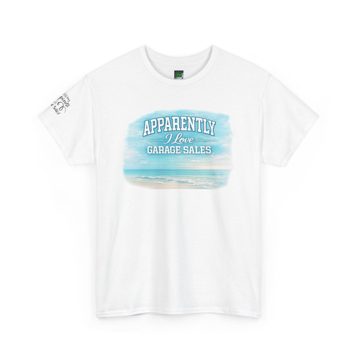 T-Shirt — "Apparently I Love Yard Sales" Minimal Ocean Watercolor Pocket w Sleeve Love
