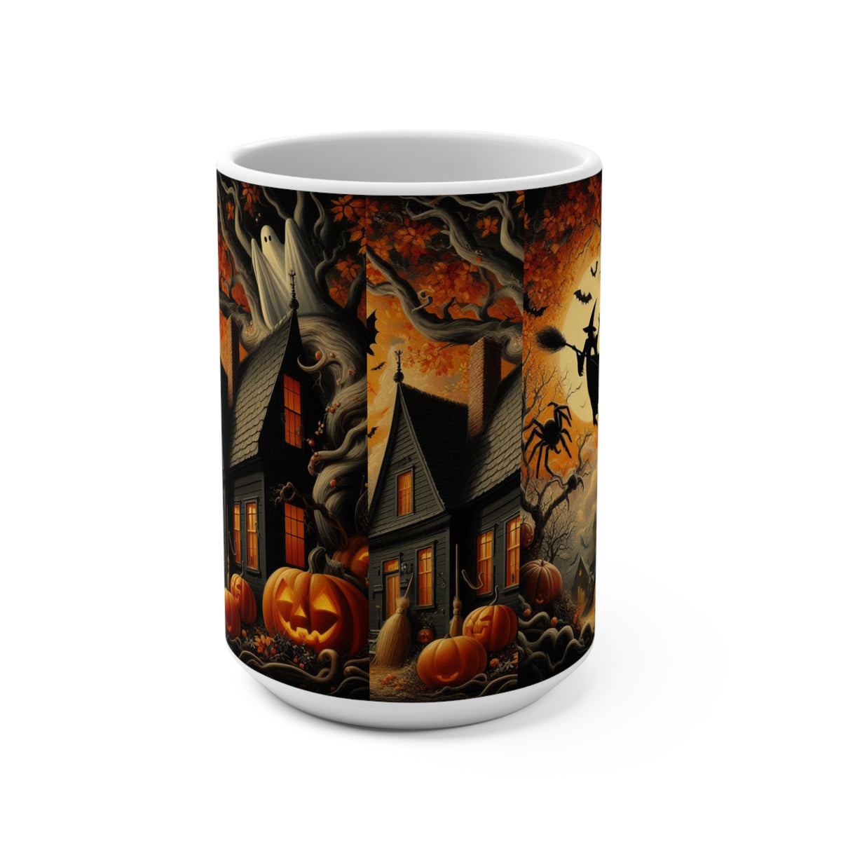 15oz Halloween Mug — Haunted House, Witch & Pumpkin Night Coffee Cup