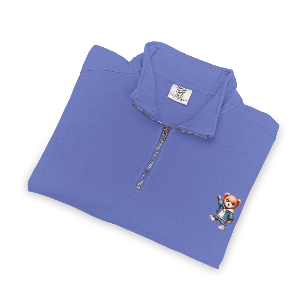 Quarter-Zip Sweatshirt with Cute Teddy Embroidery – Casual Cozy Pullover