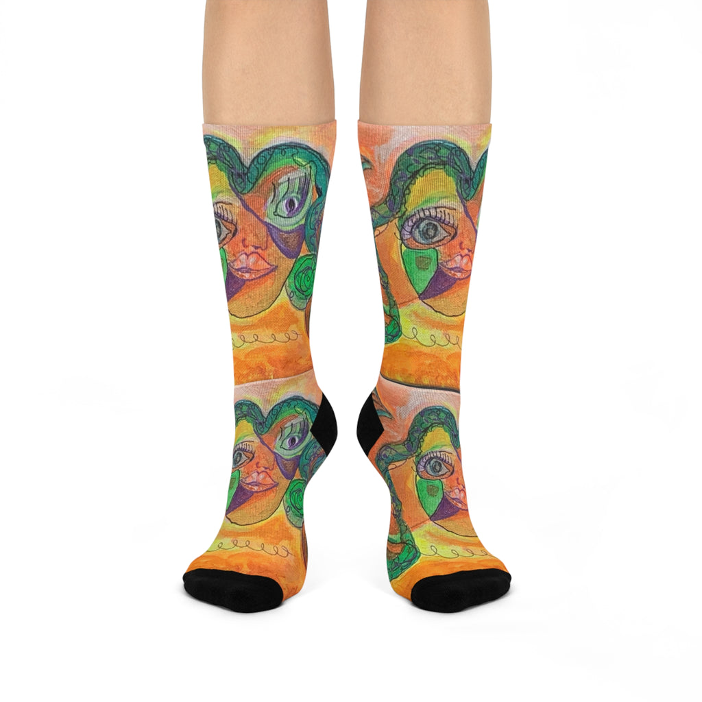 Abstract Face Art Cushioned Crew Socks — Colorful Surreal Portrait Design created by "CynAPar"