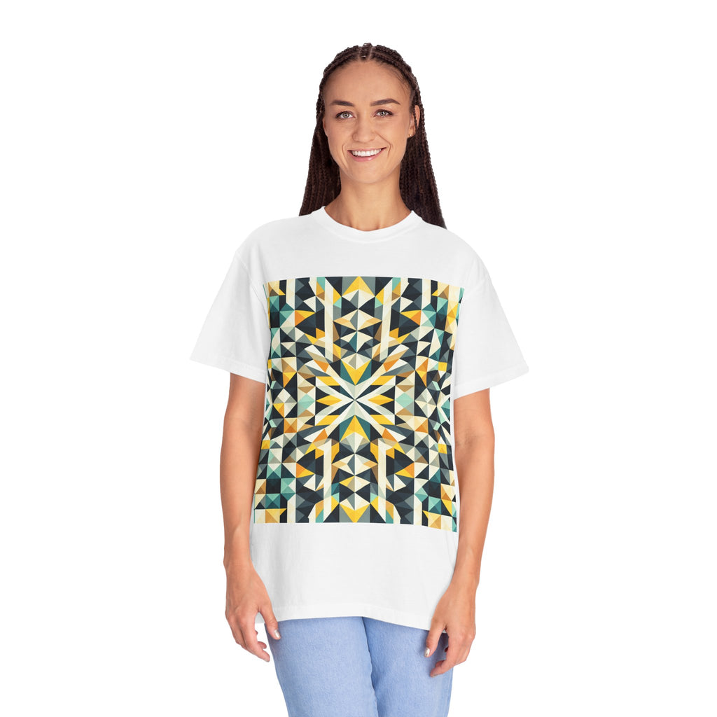 Geometric Mosaic Tee — Yellow, Teal & Black Patterned Graphic T-Shirt