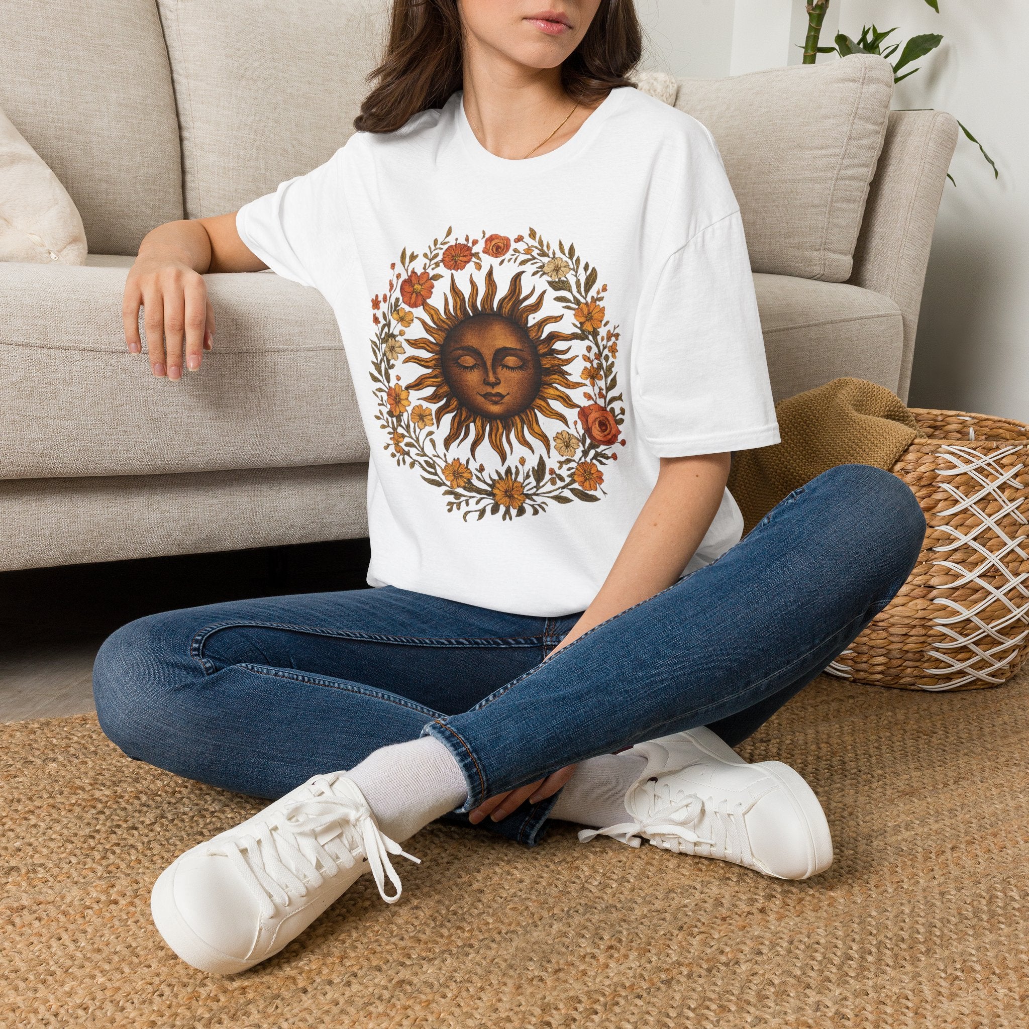 Sunflower Sun T-Shirt — Vintage Boho Sun Face Floral Tee