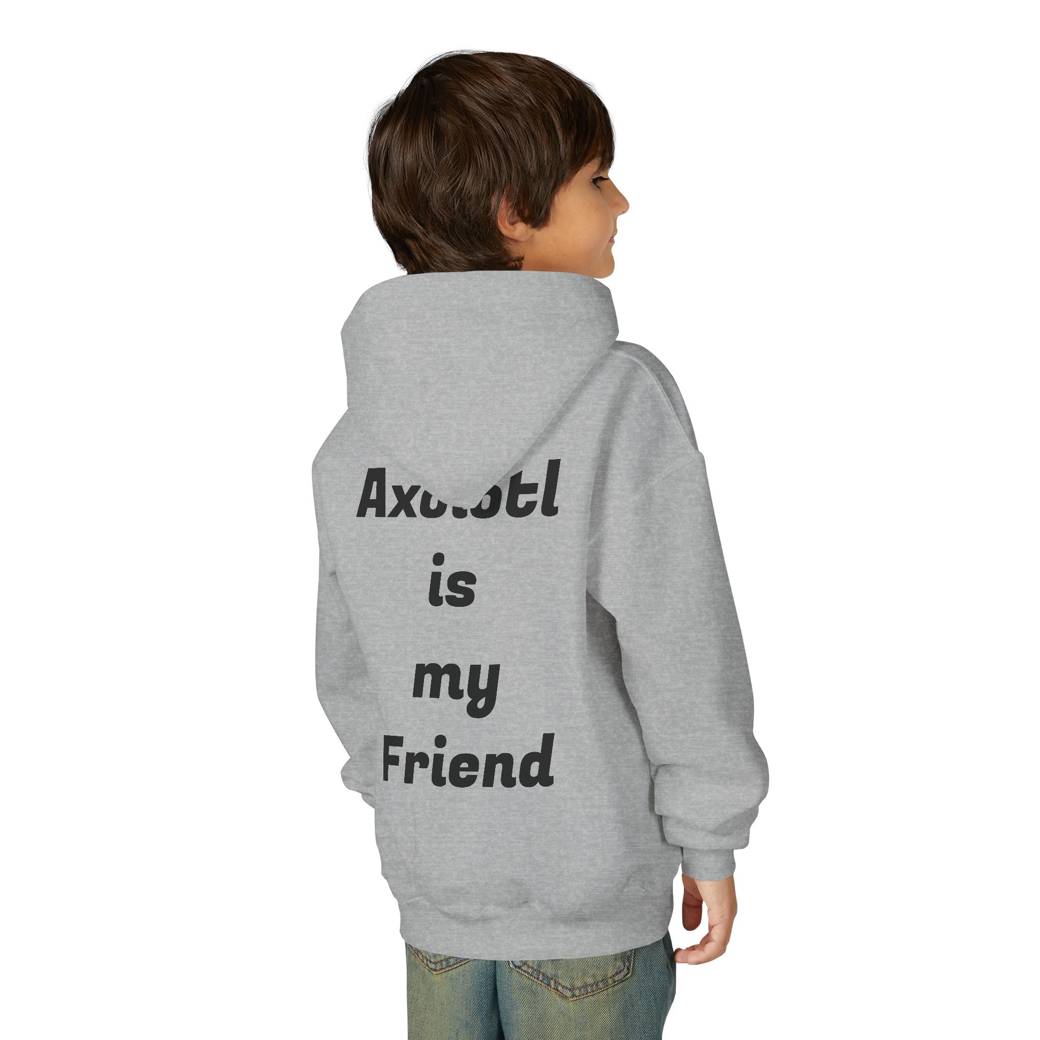 Youth Axolotl Hoodie — Cute Black Axolotl Graphic & “Axolotl is my Friend” Back Print