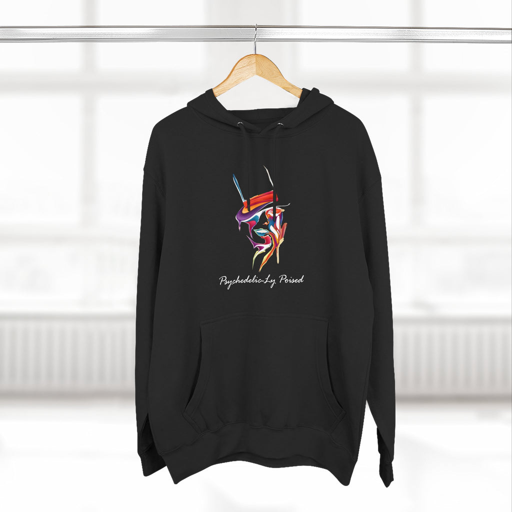 Minimal Abstract Face Psychedelically Poised Hoodie — Colorful Geometric hat Graphic Fleece Hoodie