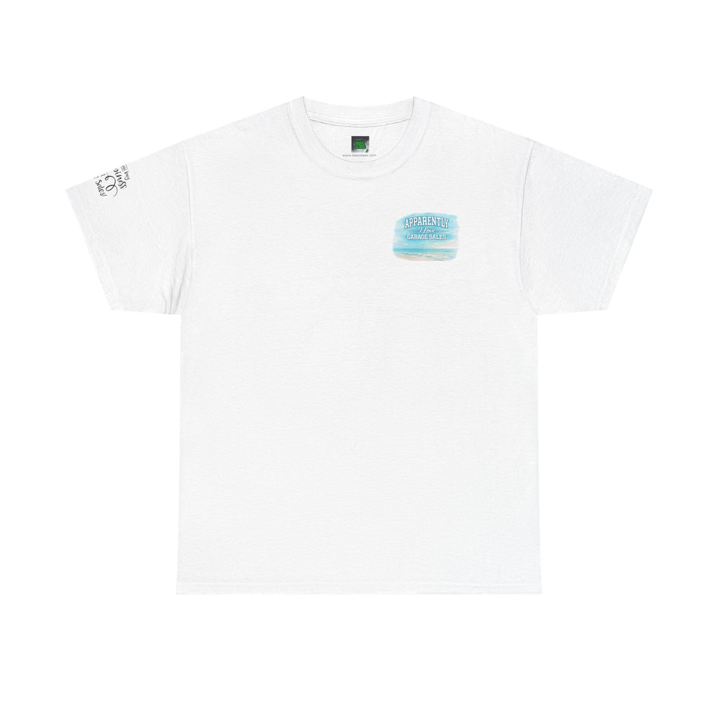 T-Shirt — "Apparently I Love Yard Sales" Minimal Ocean Watercolor Pocket w Sleeve Love