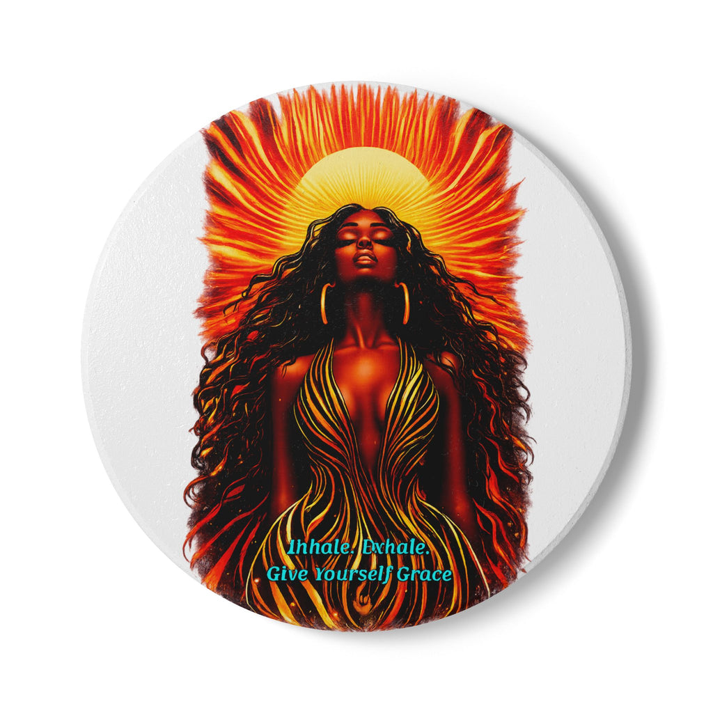 Ceramic Coaster — 'Inhale. Exhale. Give Yourself Grace' Sun Goddess Inspirational Drink Coaster