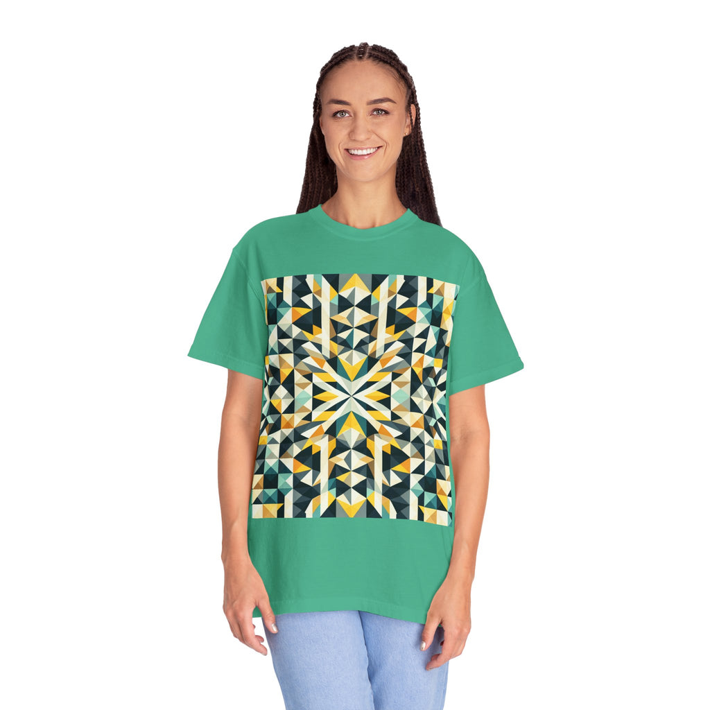 Geometric Mosaic Tee — Yellow, Teal & Black Patterned Graphic T-Shirt