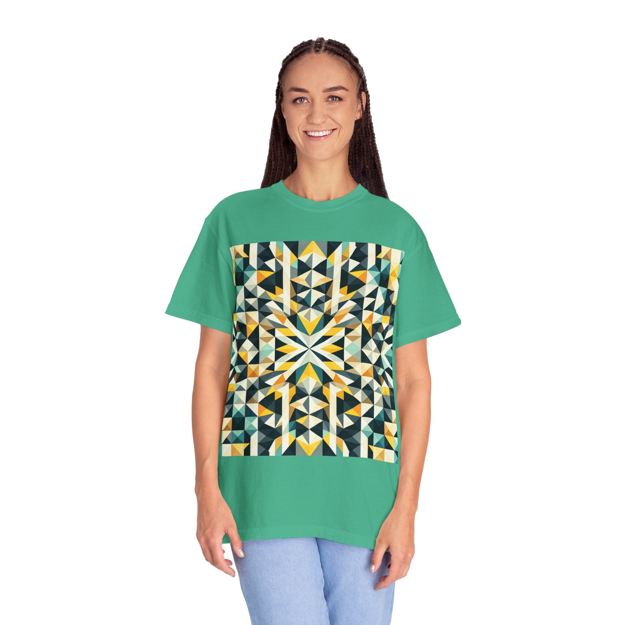 Geometric Mosaic Tee — Yellow, Teal & Black Patterned Graphic T-Shirt