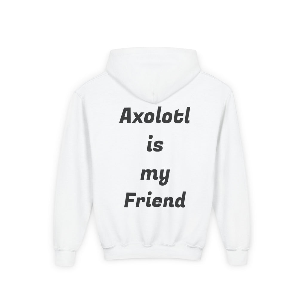 Youth Axolotl Hoodie — Cute Black Axolotl Graphic & “Axolotl is my Friend” Back Print