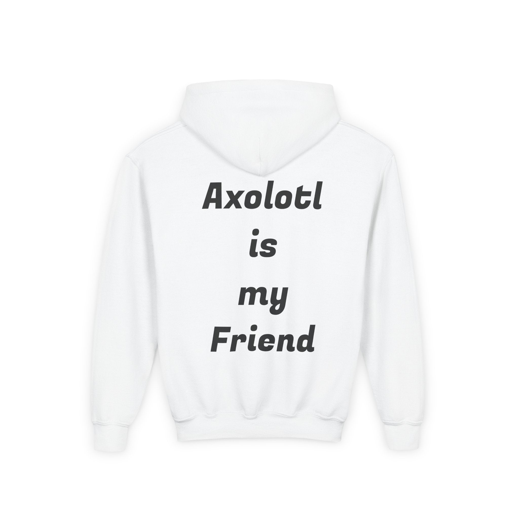 Youth Axolotl Hoodie — Cute Black Axolotl Graphic & “Axolotl is my Friend” Back Print