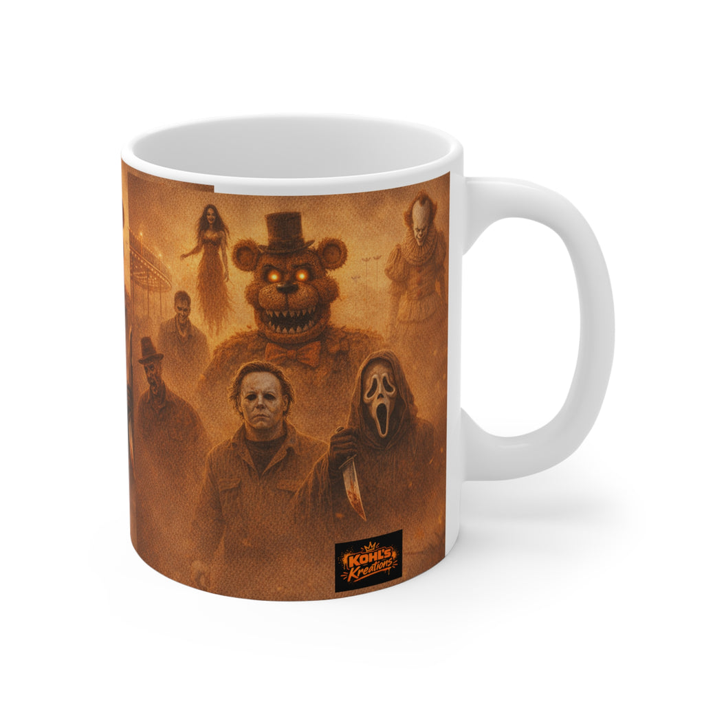Horror Icons Collage Mug — 11oz Spooky Movie Villains Coffee Cup