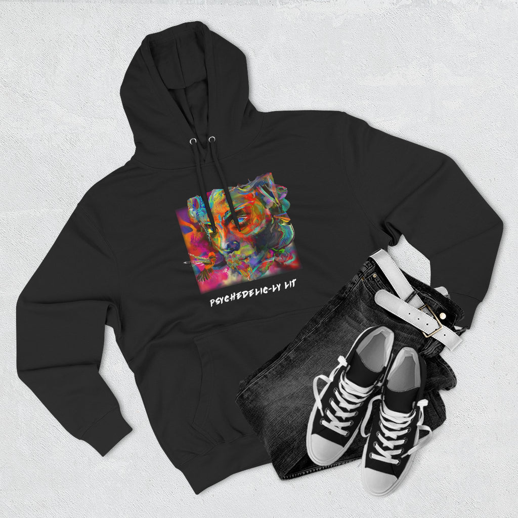 Abstract Psychedelically Lit - Feel The Vibe Hoodie — Three-Panel Fleece Hoodie with Vibrant Artistic Face Portrait