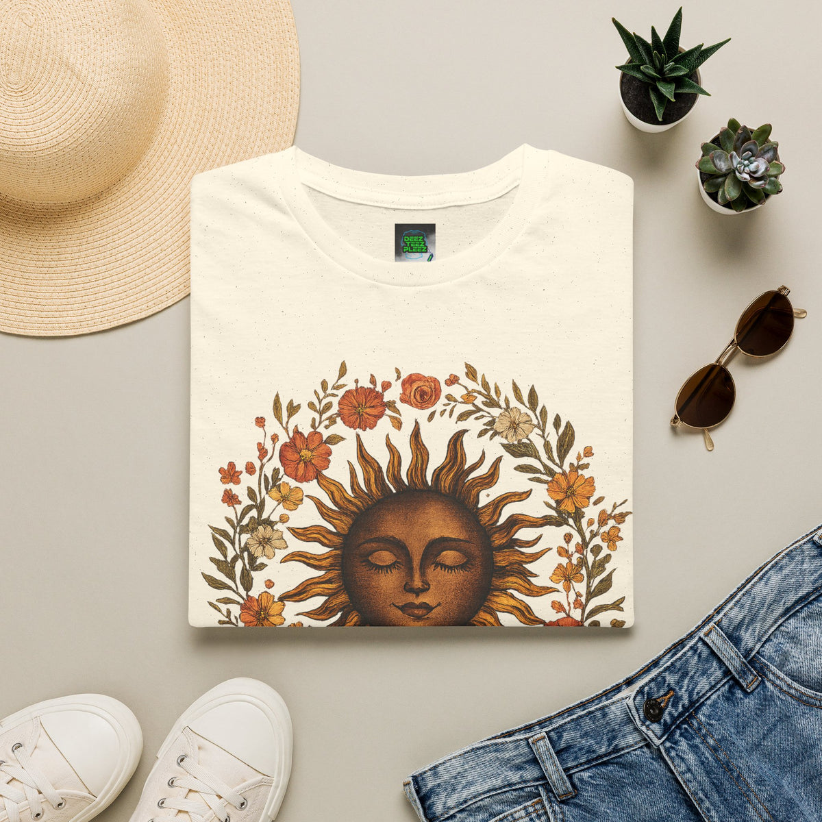 Sunflower Sun T-Shirt — Vintage Boho Sun Face Floral Tee