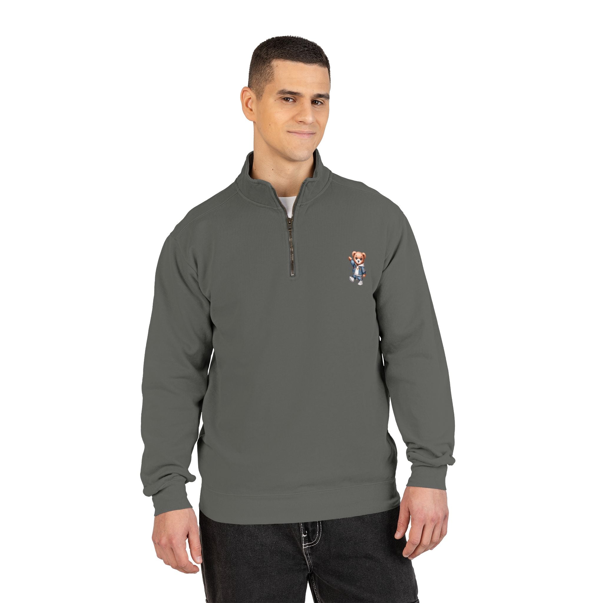 Quarter-Zip Sweatshirt with Cute Teddy Embroidery – Casual Cozy Pullover