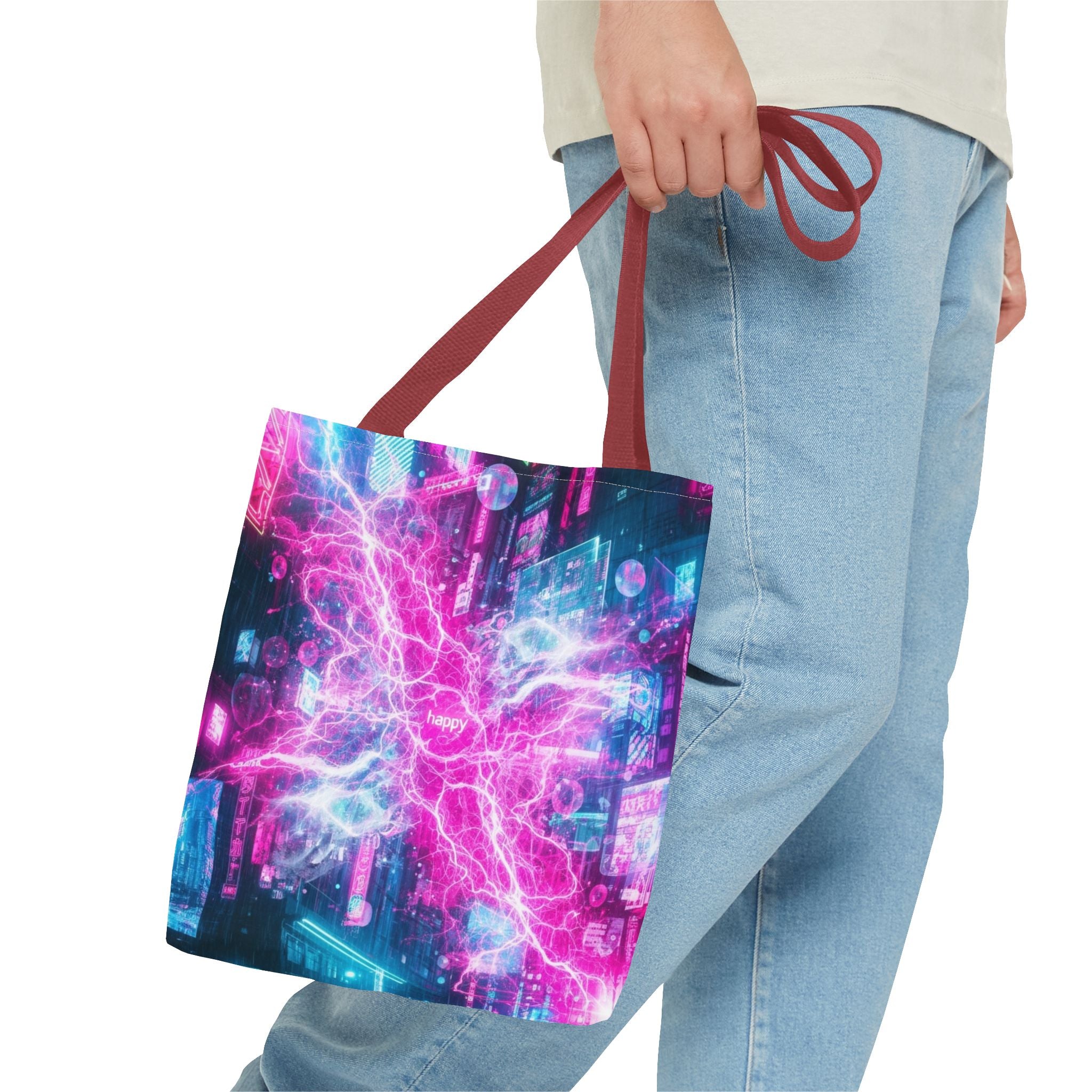 Electric Neon Circuit Tote Bag — Pink Blue Cyberpunk AOP