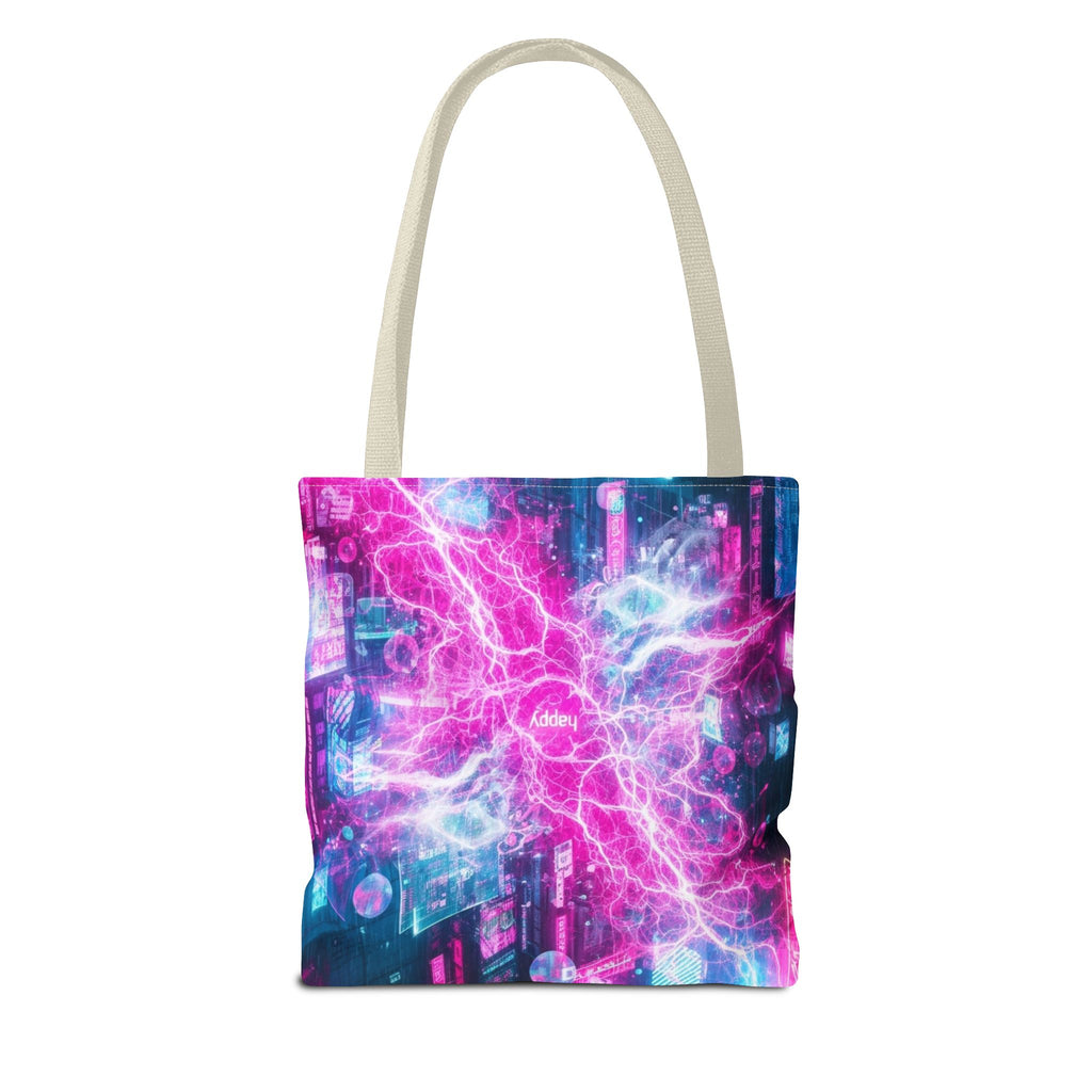 Electric Neon Circuit Tote Bag — Pink Blue Cyberpunk AOP