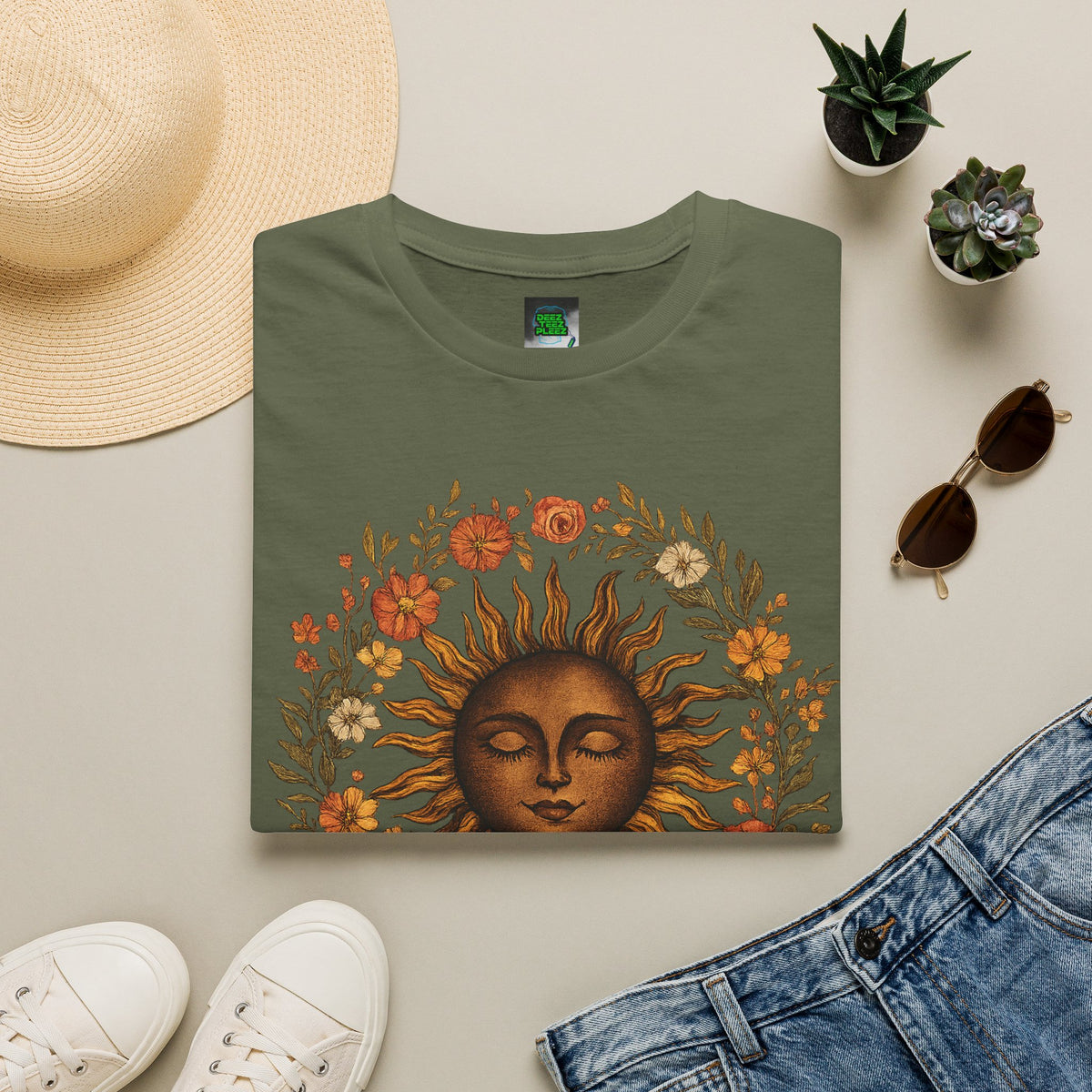 Sunflower Sun T-Shirt — Vintage Boho Sun Face Floral Tee
