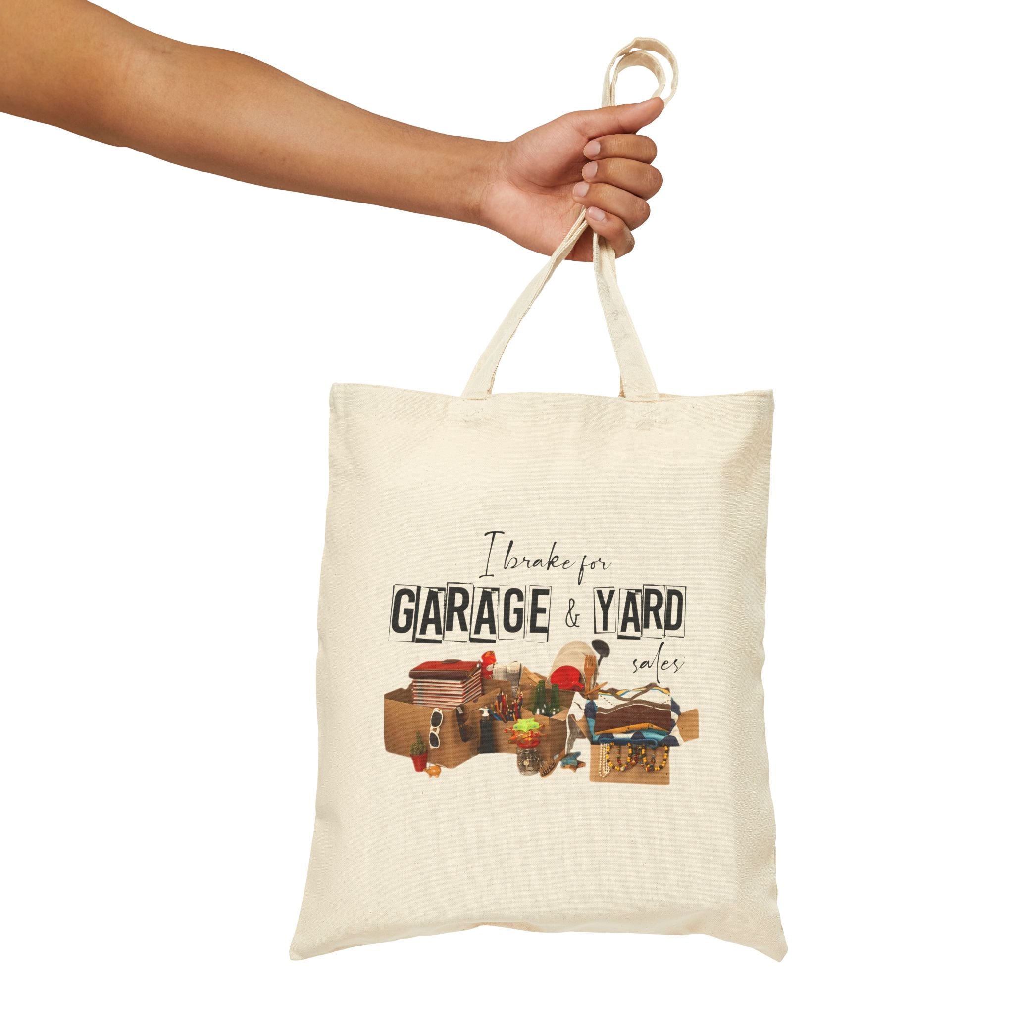 "I Brake for Garage & Yard Sales" Cotton Tote Bag — Vintage Flea Market Reusable Shopping Bag