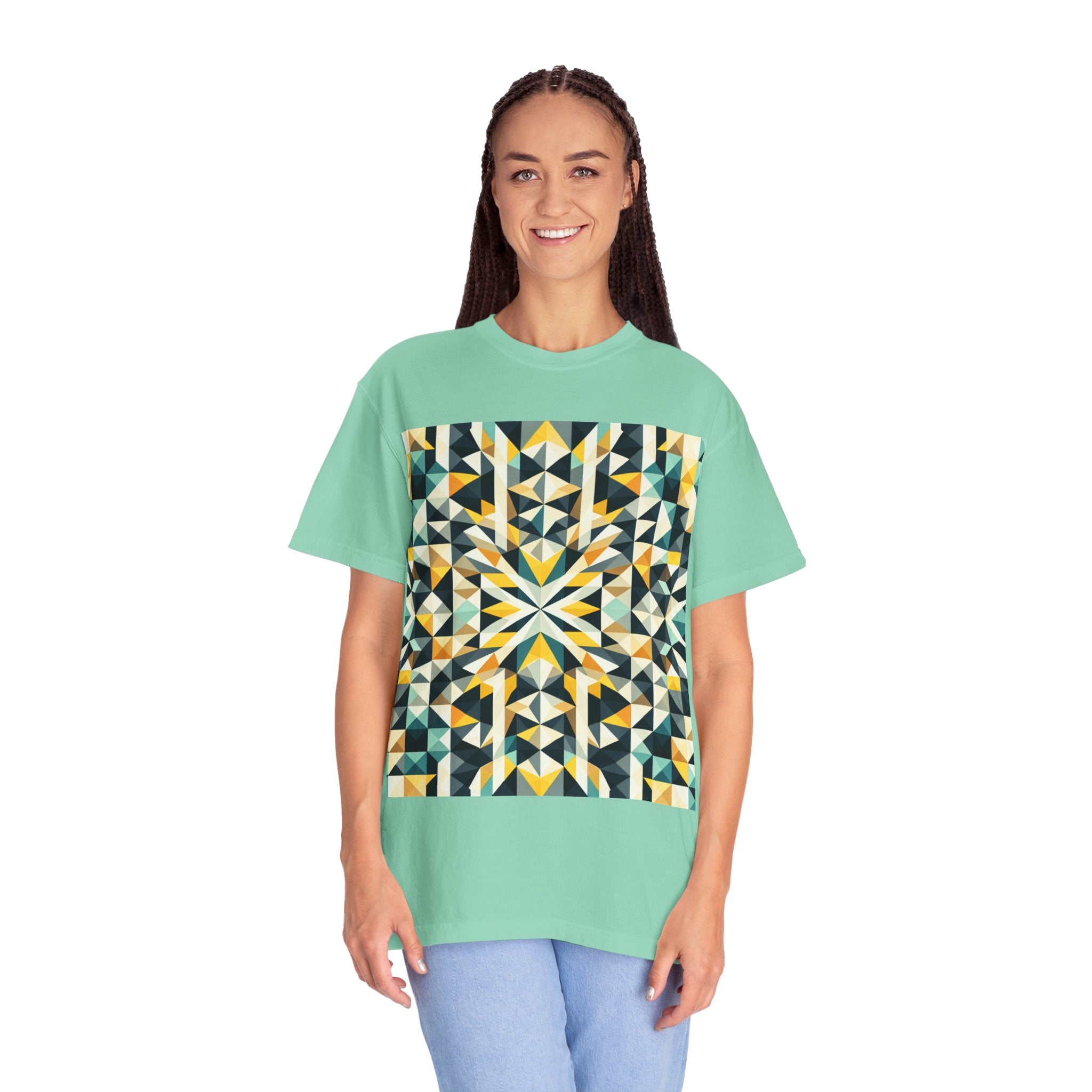 Geometric Mosaic Tee — Yellow, Teal & Black Patterned Graphic T-Shirt