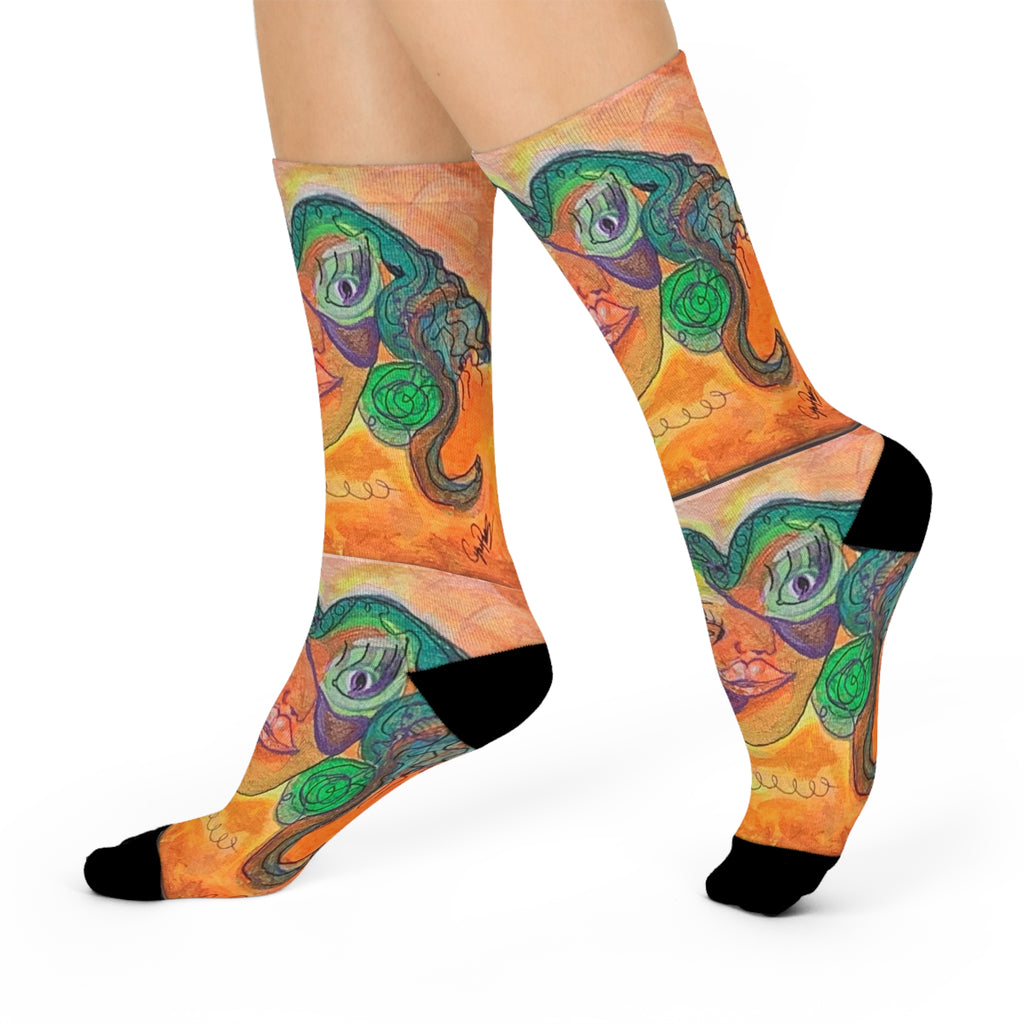 Abstract Face Art Cushioned Crew Socks — Colorful Surreal Portrait Design created by "CynAPar"