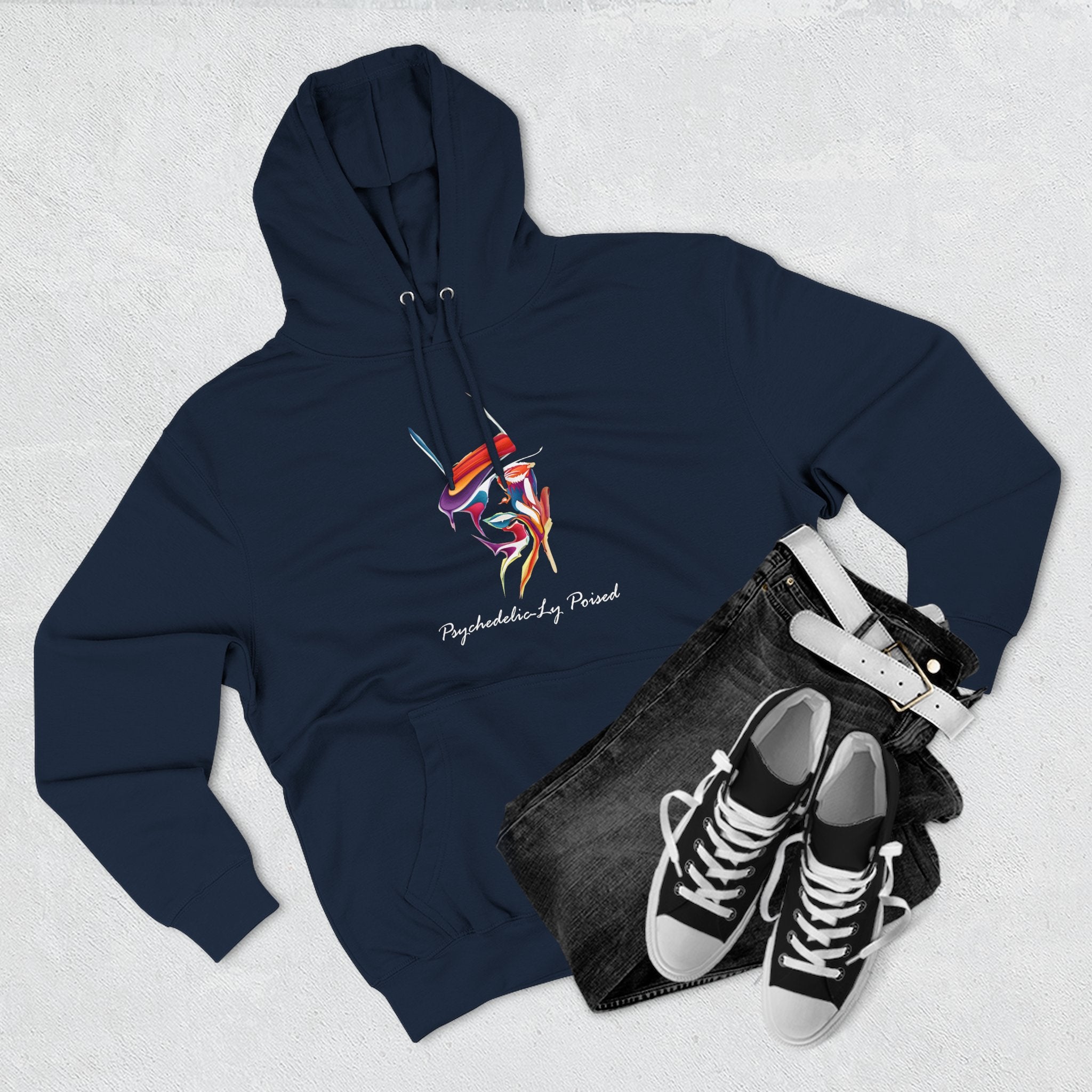 Minimal Abstract Face Psychedelically Poised Hoodie — Colorful Geometric hat Graphic Fleece Hoodie