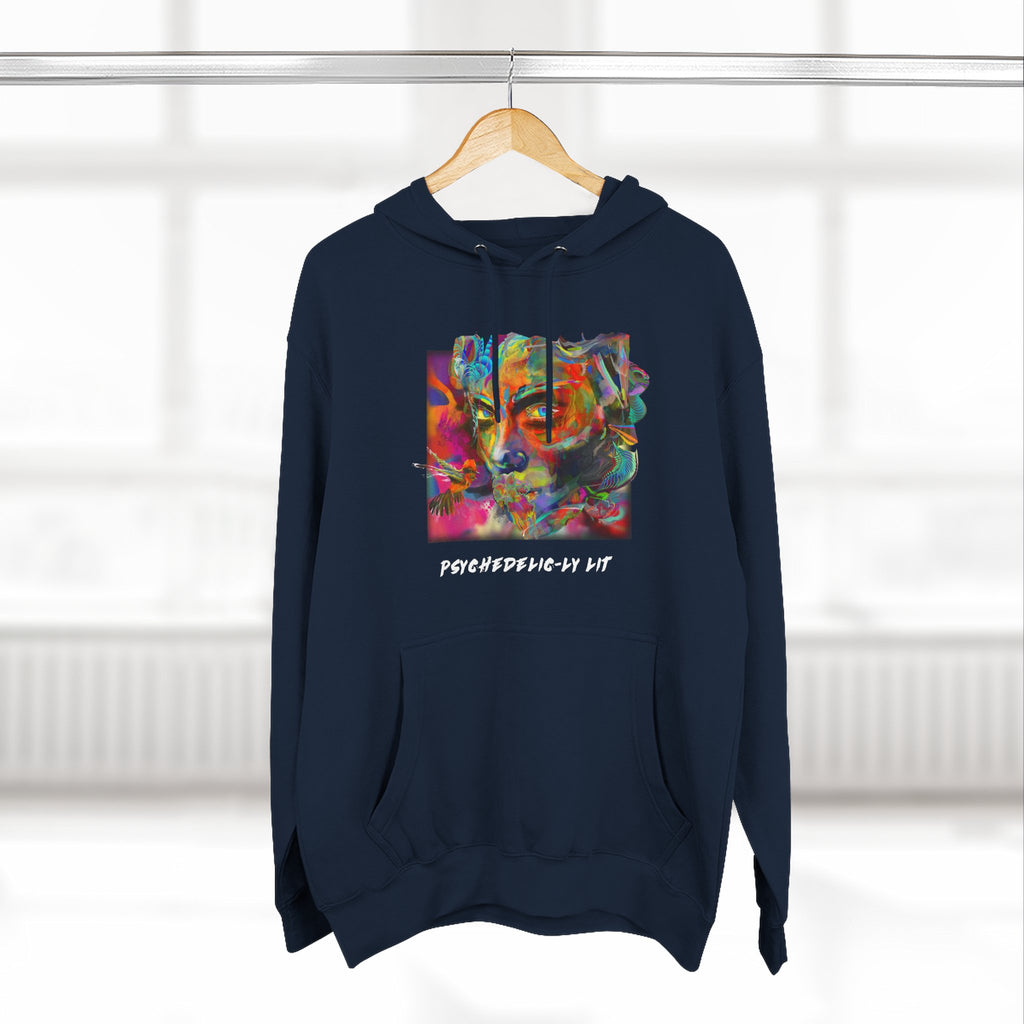 Abstract Psychedelically Lit - Feel The Vibe Hoodie — Three-Panel Fleece Hoodie with Vibrant Artistic Face Portrait