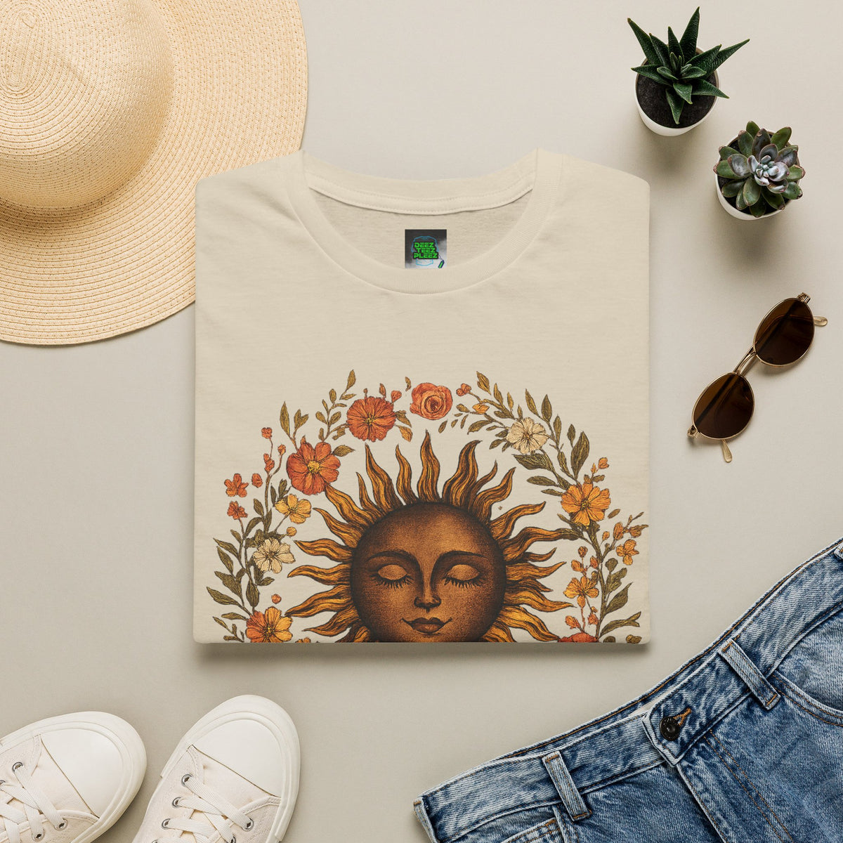 Sunflower Sun T-Shirt — Vintage Boho Sun Face Floral Tee