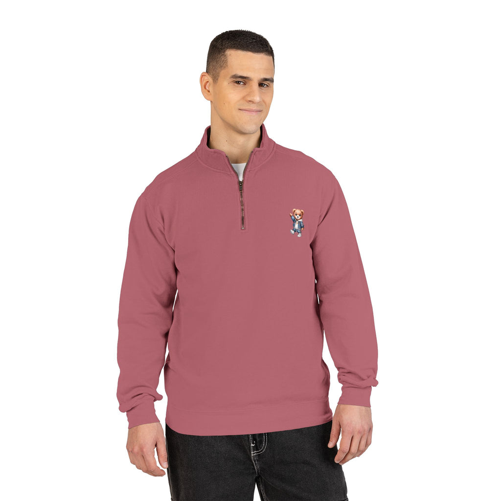 Quarter-Zip Sweatshirt with Cute Teddy Embroidery – Casual Cozy Pullover