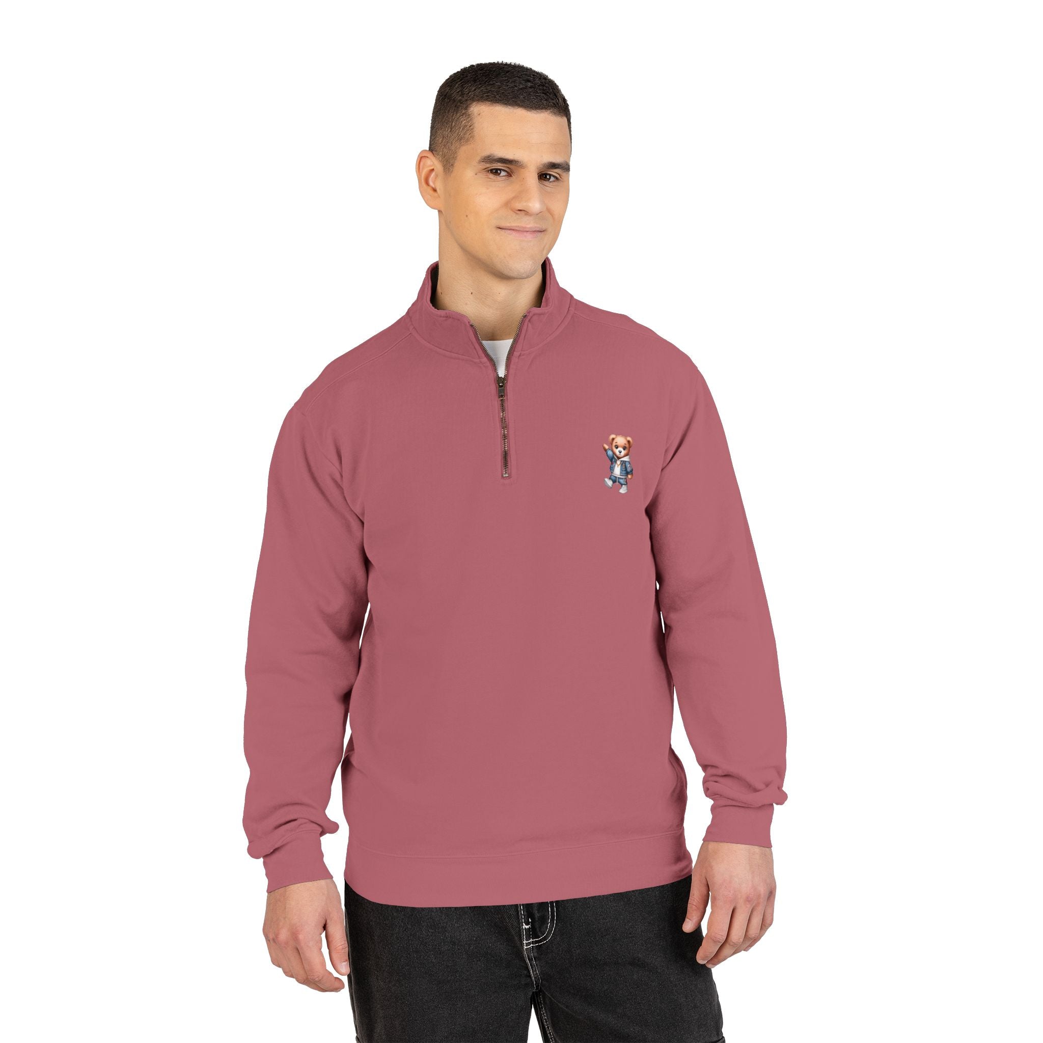 Quarter-Zip Sweatshirt with Cute Teddy Embroidery – Casual Cozy Pullover