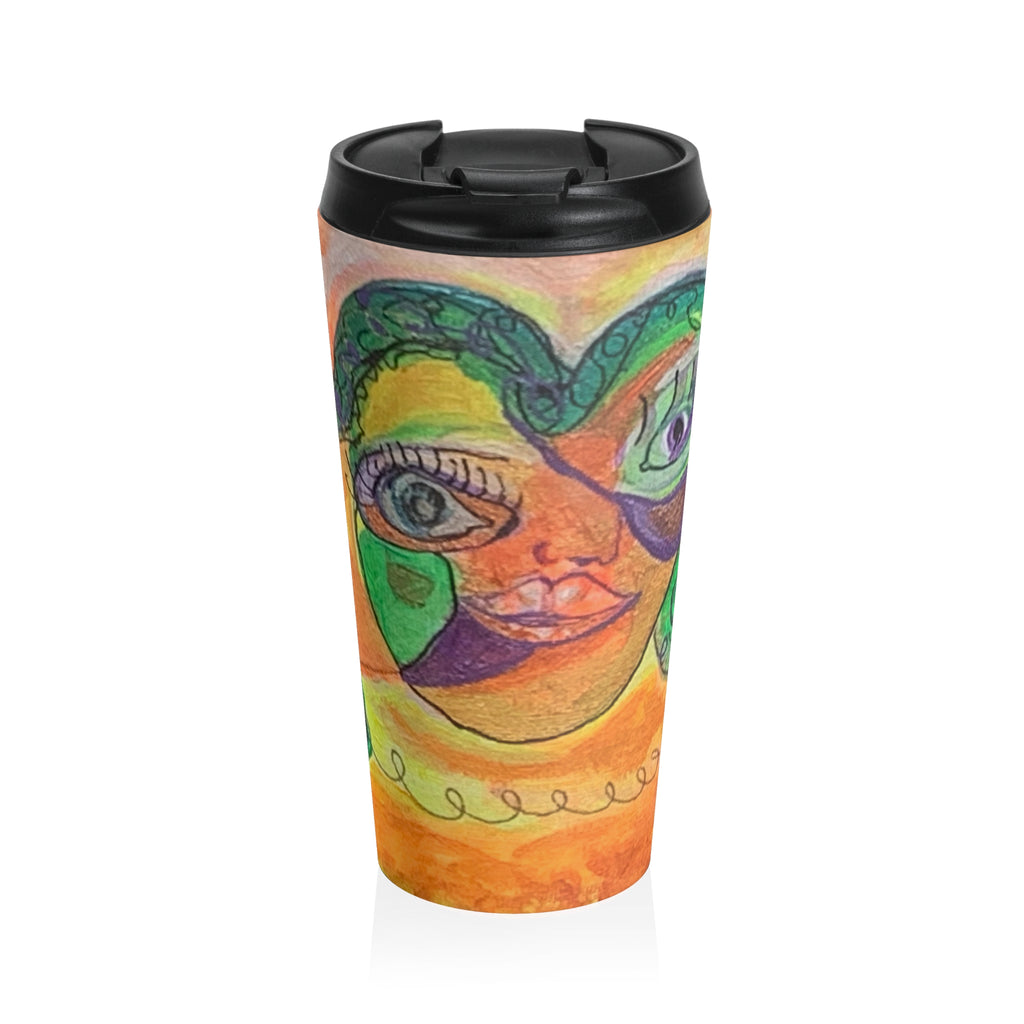 Travel Mug — Vibrant Whimsical Heart-Face Art Created by "CynAPar" Stainless Steel Tumbler