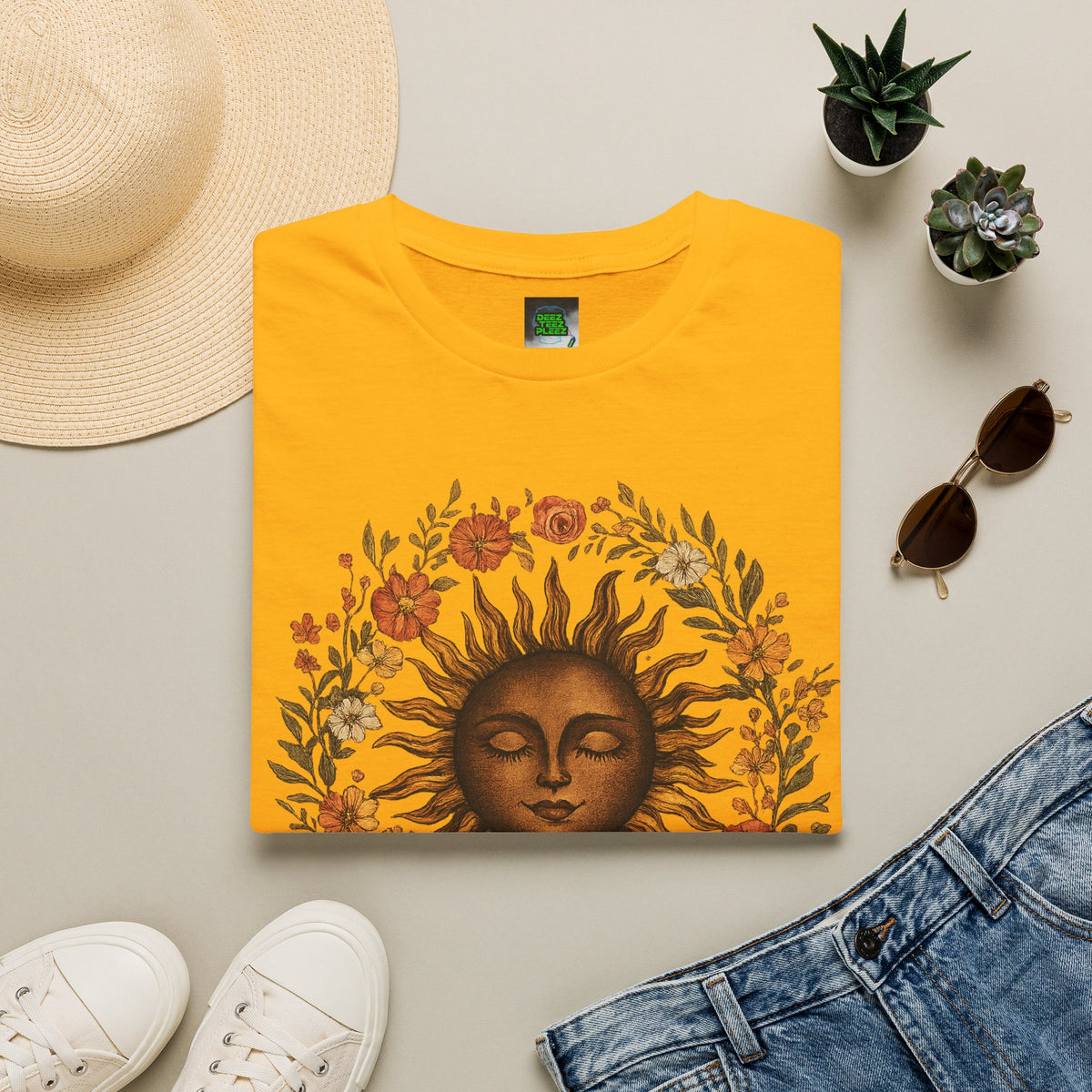 Sunflower Sun T-Shirt — Vintage Boho Sun Face Floral Tee