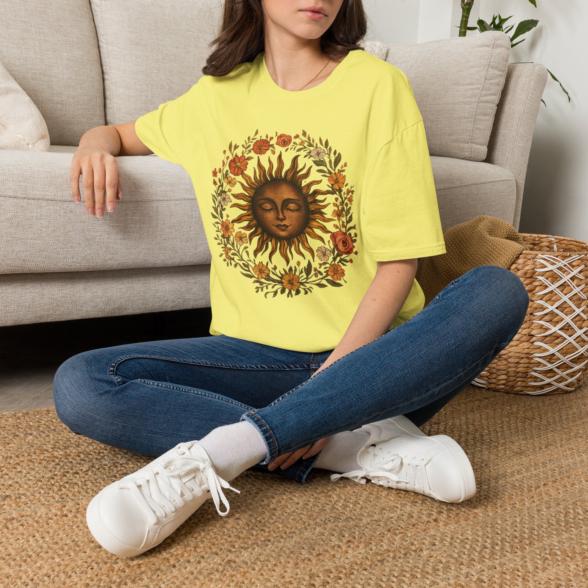 Sunflower Sun T-Shirt — Vintage Boho Sun Face Floral Tee