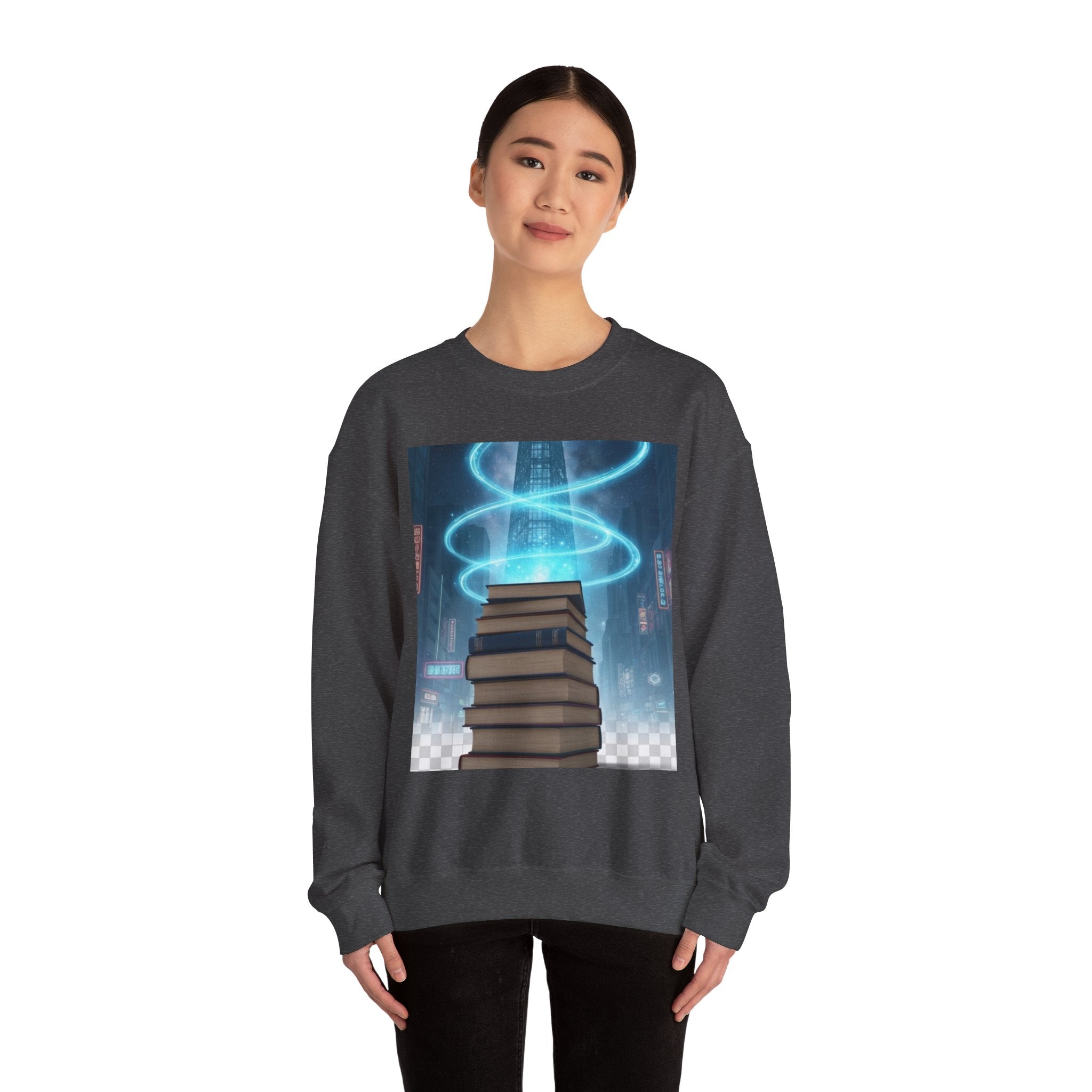 Bookstack Portal Crewneck Sweatshirt — Sci‑Fi Magic Reading Vibe