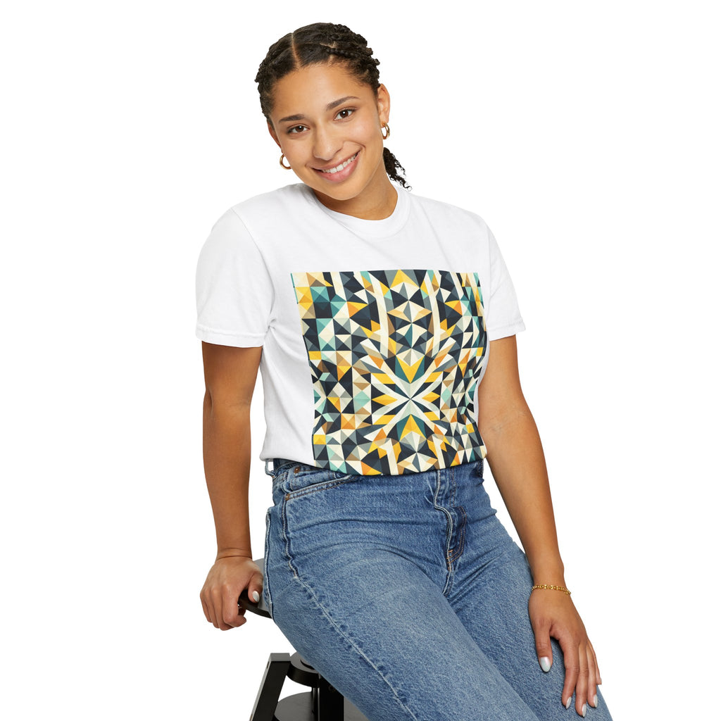 Geometric Mosaic Tee — Yellow, Teal & Black Patterned Graphic T-Shirt