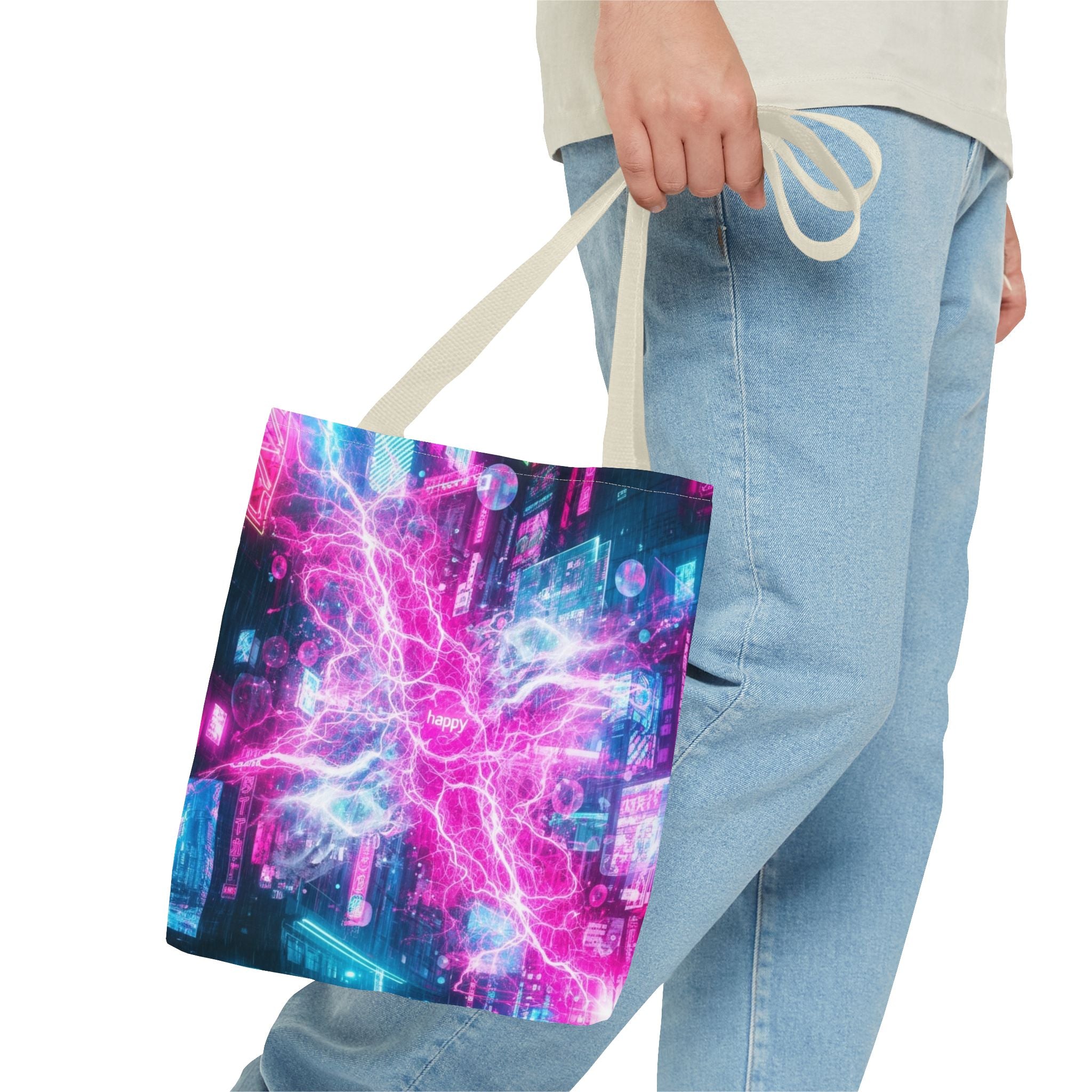 Electric Neon Circuit Tote Bag — Pink Blue Cyberpunk AOP