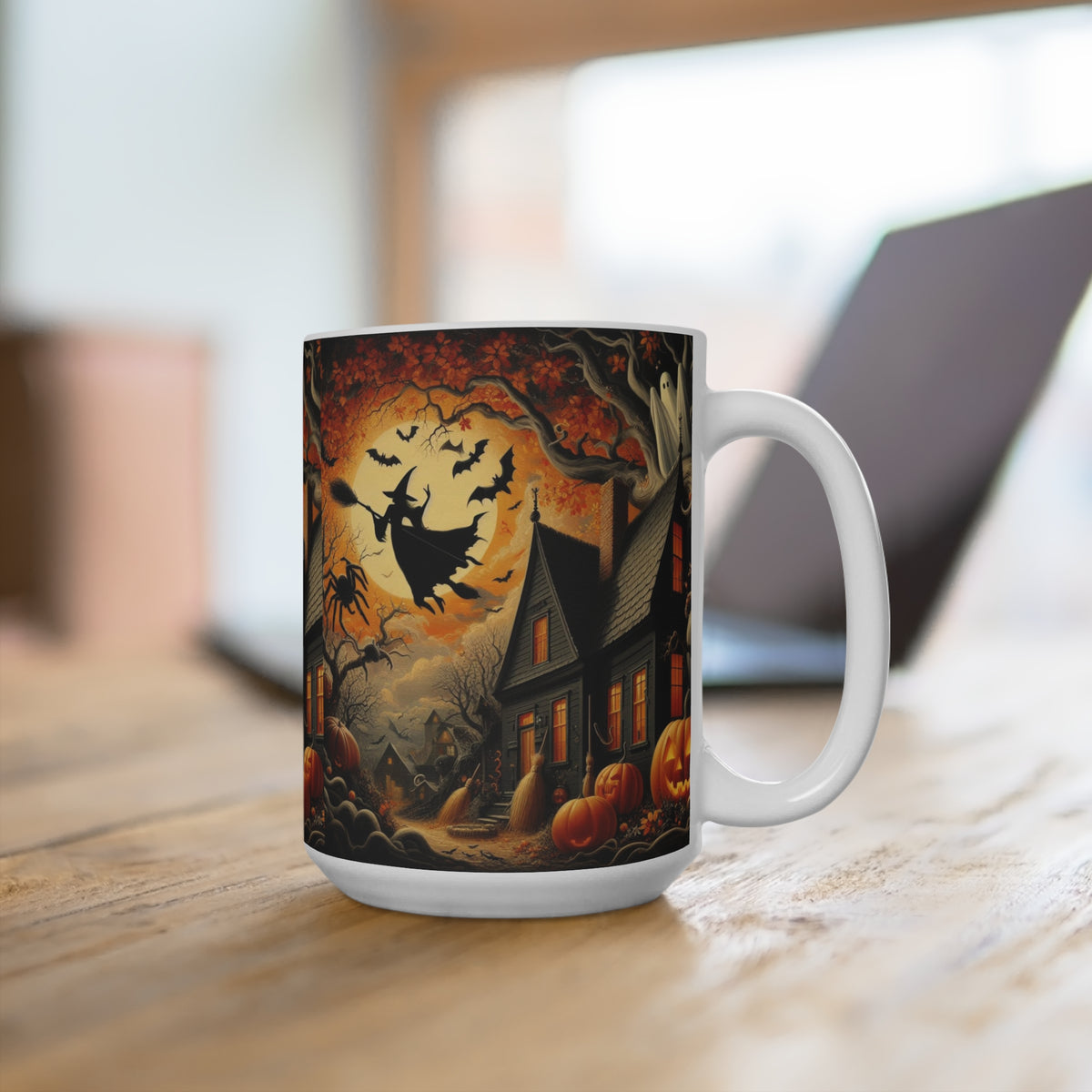 15oz Halloween Mug — Haunted House, Witch & Pumpkin Night Coffee Cup