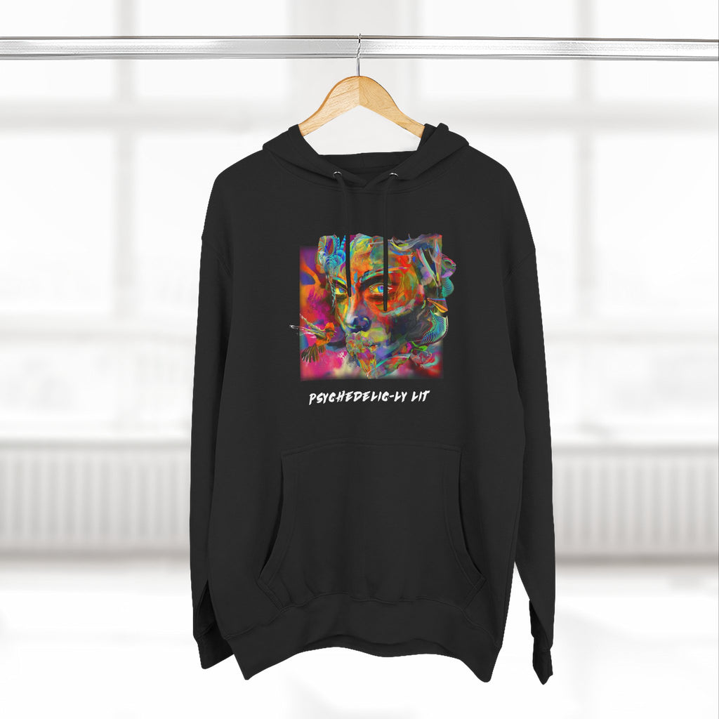 Abstract Psychedelically Lit - Feel The Vibe Hoodie — Three-Panel Fleece Hoodie with Vibrant Artistic Face Portrait
