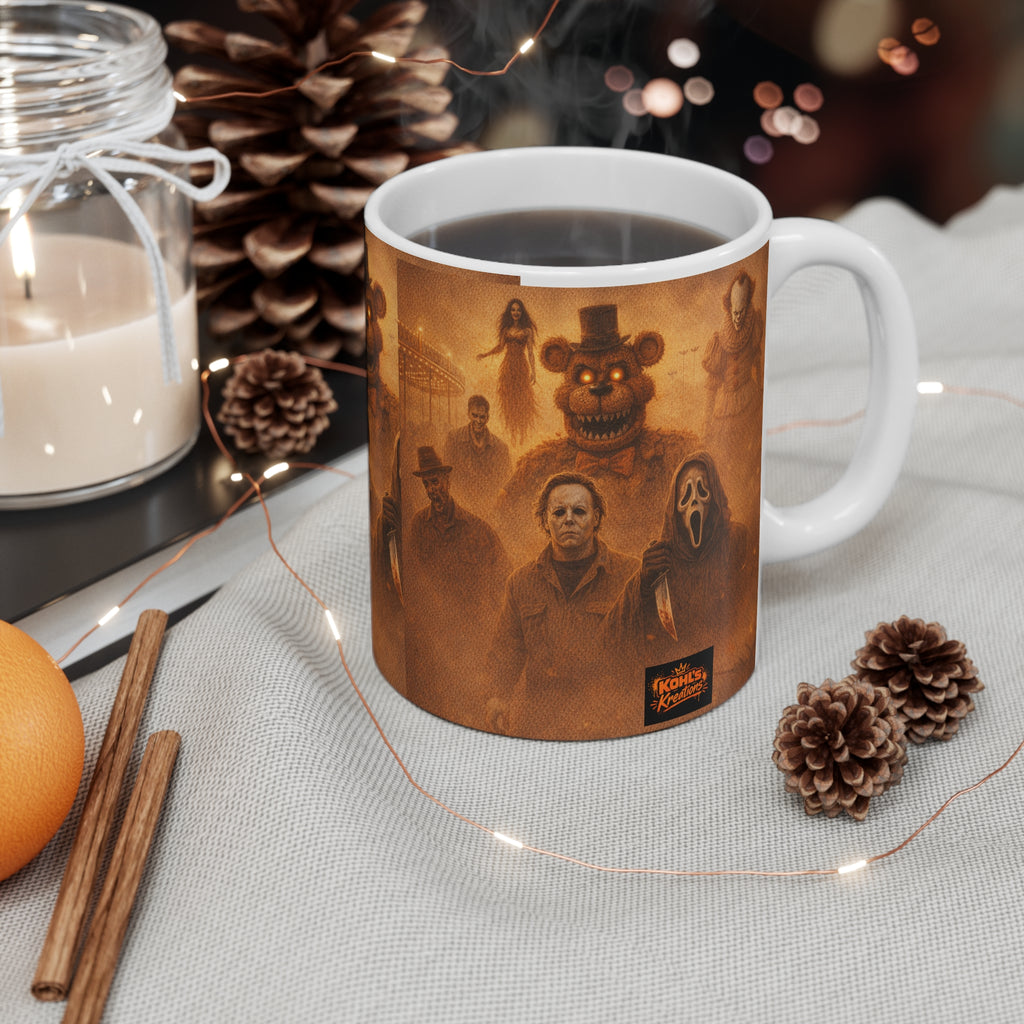 Horror Icons Collage Mug — 11oz Spooky Movie Villains Coffee Cup